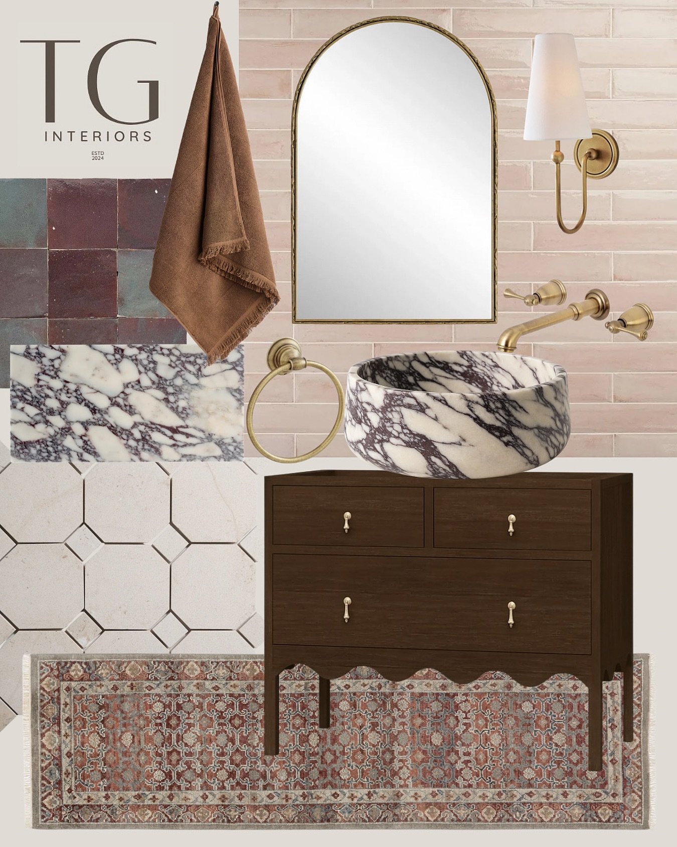 Mood Board Mondays 🤎
This powder bath is equal parts timeless + bold — featuring a statement marble sink, warm wood tones, and rose‑colored subway tile, all tied together with a vintage rug.