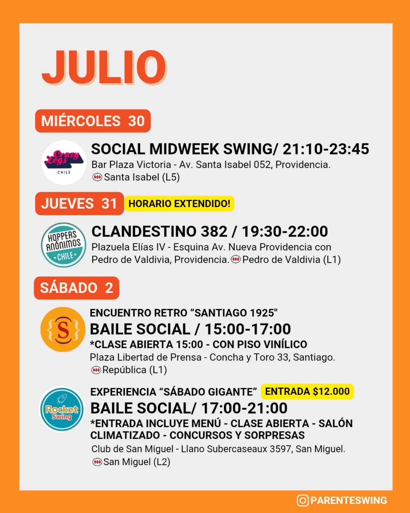✨Todos los eventos son gratuitos y abiertos a todo público, a menos que se indique valor de entrada 💸
‼️Cualquier modificación o nuevo evento en los comentarios👇🏻 y/o por historias 👆🏻
🤔 Qué es una Jam, Clandestino o Baile Social?
Una instancia donde fanáticos de los bailes swing (Lindy hop, Balboa, Shag, Solo jazz) se reunen a compartir, hacer comunidad y a la vez, practicar.
❌ Las actividades publicadas NO son instancias de clases para aprender a bailar, a menos que se indique “Taller” o “Clase Abierta”.
👀 Quieres aprender a bailar?
En nuestra historia destacada “CLASES” está toda la información y formularios de inscripción a los cursos del mes de las escuelas de bailes swing ✨
Nos vemos en la pista! 💃🏻🕺🏻🔥
#danzachile #lindyhopchile #swingchile #bailechile #eventoschile #danzasantiago #santiagodechile #panoramasgratis #swingdancechile #swingdancingchile #lindyhopperschile #panoramasgratis #panoramagratis #santiago