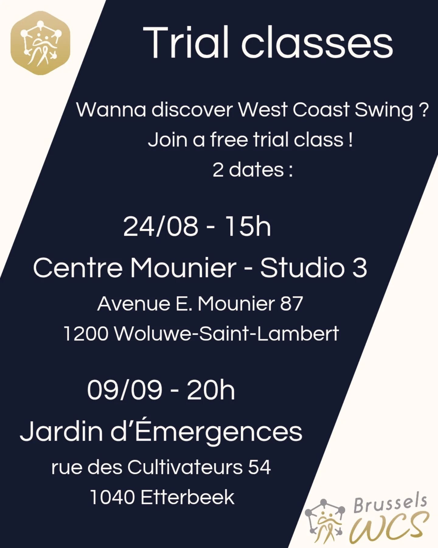 Wanna discover West Coast Swing? Join us for a trial class !
During these sessions, we explore simplified moves and give you a taste of the dance : no pressure, just fun ! Bring your friends for a light and enjoyable workout.
No registration needed, just show up!
Wear comfortable, flexible shoes
#bwcs #brusselswestcoastswing #brusselsdance #westcoastswing #modernswing