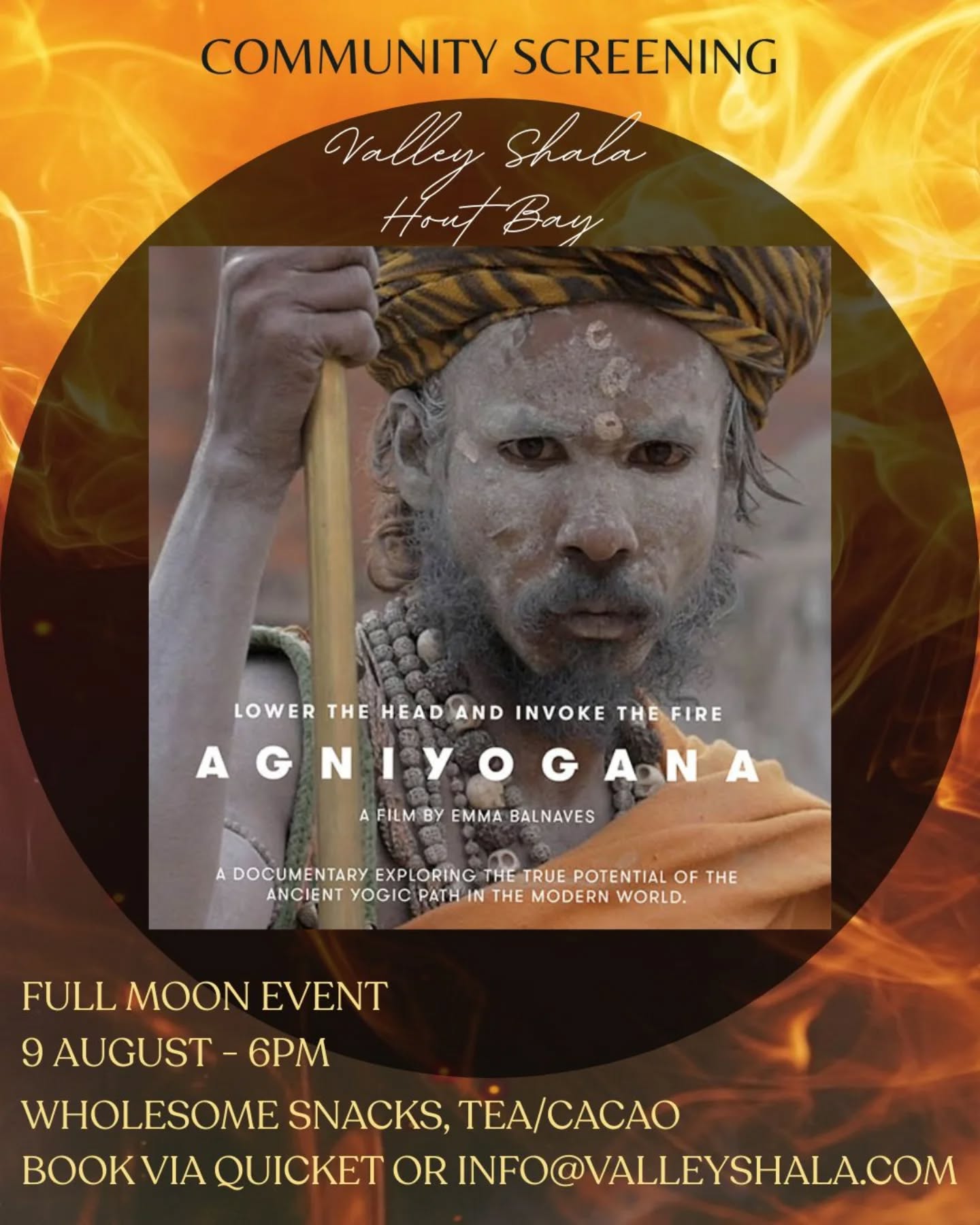 AGNIYOGANA 🔥 Screening • 9 August • 6pm 🌕
Join us for this beautiful documentary about Hathayoga... with wholesome snacks, hot cacao or tea by the fire. We'll transform the shala into a cinema for the evening 🫖❤🕉
Link in our bio
Book on quicket or mail us info@valleyshala.com
R200