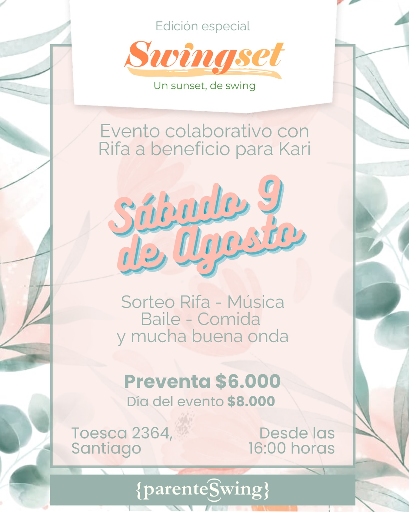 🎷 SWINGSET 🎷
📍 Toesca 2364 – Santiago
🗓️ Sábado 09 de agosto · 16:00 hrs
🎟️ Adhesión: $6.000 (preventa) / $8.000 (día del evento)
ParenteSwing te invita a una tarde de música, baile, comida y buena onda 🕺💃
Este evento fue programado y pensado en un comienzo para poder apalear los gastos del festival Lindy Poh! Ya que buscamos hacer un festival accesible y de calidad para toda la comunidad.
✨ Pero además, sumamos un espacio especial para apoyar a Karina Papic, querida integrante de la comunidad swing de La Serena, quien enfrenta un complejo tratamiento médico tras ser diagnosticada con un tumor cerebral.
💜 Por eso, abriremos una rifa solidaria, cuyas ganancias irán 100% a cubrir sus gastos médicos.
🎯 ¿A dónde va el dinero?
Lo recaudado en entradas y comidas será destinado al Lindy Poh! para cubrir los gastos de producción del evento. Y las ganancias de las rifas y aportes voluntarios irán 100% a Kari.
A través de nuestra web, podrás:
🎟 Comprar tu entrada
🎁 Donar premios o servicios
💸 Hacer aportes voluntarios
👩🏻💼 Contactar a un vendedor de Rifas
Durante el evento también podrás comprar números de rifa y donar directamente.
Todos los links en la bio! Les esperamos ✨💕