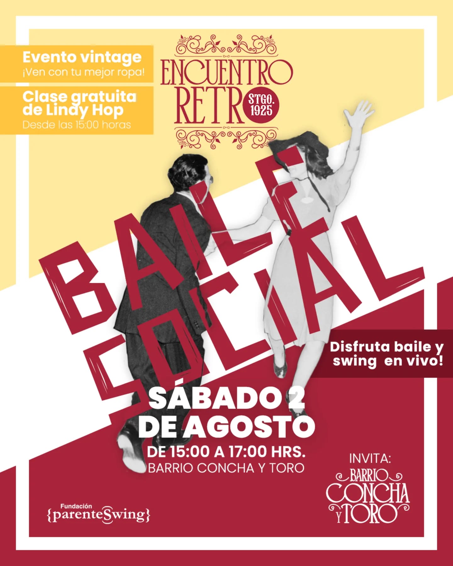 Les esperamos este sábado 2 en el Encuentro Retro "Santiago 1925" del Barrio Concha y Toro con:
💃 Clase abierta de Lindy Hop a las 15:00
🕺Baile social de 15:00 a 17:00. Tendremos piso para que puedas lanzar todos tus pasos.
El evento es gratuito y abierto a todo público.
Si quieres puedes aprovechar esta maravillosa instancia para sacar a relucir tus mejores prendas de época ✨️. Además podrán disfrutar desde las 14:00 de feria vintage, autos clásicos, música en vivo, DJ de vinilos y más!
Nos vemos en
📍Plaza Libertad de Prensa, a pasos del metro República 🚇🎶
#barrioconchaytoro #vintagechile #panoramasgratis #lindyhopchile
