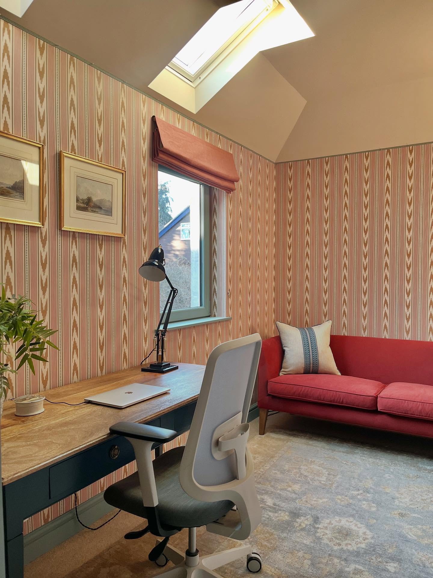 This little study room at the back of our house had been languishing in all its wood chip glory for the past 10 years but we finally got round to transforming it earlier in the year. Still not quite finished as we need some artwork for the back wall but almost there!
From outside the house, we could see that there had originally been two skylights in the roof so we decided to re-instate these and raise the ceiling height which has made such a huge difference 😊