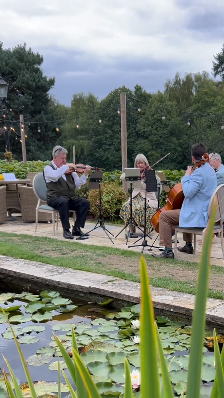 Congratulations to Hazal and James, married on Sunday at the beautiful Pennyhill Park. Here’s a little sunshine from the day — our quartet playing Mr Blue Sky by the pond. @pennyhill_park #weddingstringquartet #stringquartetwedding #stringquartet #weddingmusic