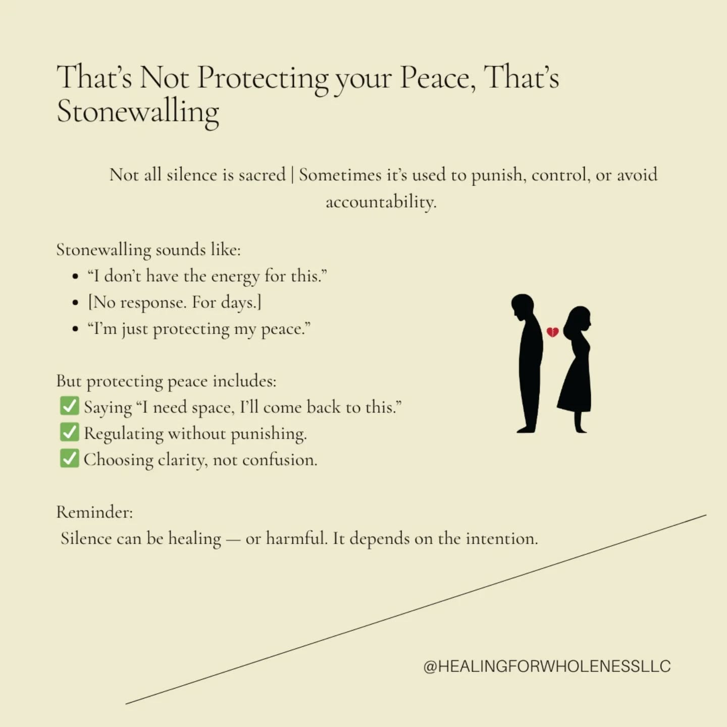 Happy #toxictuesday. Just providing a reminder that: Not responding isn’t always a flex.
Sometimes silence is a wise boundary.
Other times, it’s emotional manipulation.
Let’s be real:
Some folks say they’re “protecting their peace” when they’re really avoiding accountability. That’s not self-care, that’s stonewalling.
🚫 Stonewalling is when someone shuts down communication to punish, control, or silence you.
🛡️ Protecting your peace is when you take space to regulate, reflect, and return when ready.
If you’ve ever been ghosted after bringing up harm, iced out for expressing a need, or made to feel like you’re the aggressor for wanting clarity, that wasn’t peace- that was punishment.
You’re allowed to ask for repair. Silence doesn’t mean safety.
#ToxicTuesday #MichiganTherapist #BIPOCTherapist #TherapyForBlackGirls #BoundariesAreLove #RecoveringPeoplePleaser #PeaceOverPeoplePleasing #HealingIsNotSelfish #WomenOfColorHealing #SelfCareIsSacred #MentalHealthForBIPOC