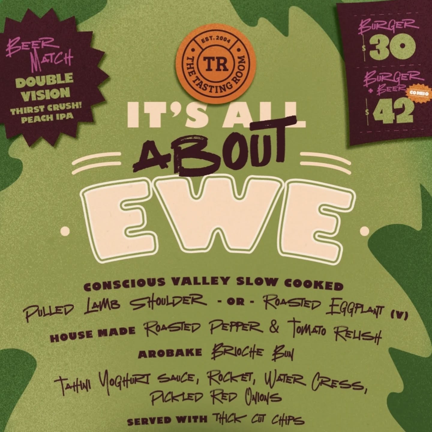 3 days to go!
This years Wellington on a plates' theme is 'Food is love', and we believe It's all about Ewe 😉
We are proud to be serving conscious valley slow cooked pulled lamb shoulder, with a house made roasted pepper & tomato relish, rocket & water cress, pickled red onions and a tahini yoghurt sauce, all in a Arobake brioche bun. Served with thick cut chips.
Vegetarian Option:
Roasted Eggplant
Super tasty and super local with
@conscious_valley Lamb which is only 7km from The Tasting Room as the Kaka flies
@Arobake Brioche Bun
Water cress foraged from Oharui Valley
Homemade roasted pepper and tomato relish
Our burgers tasty beer match is @doublevisionbrewing Peach IPA 🍑 Thirst Crush 🥰 this juicy delight is a fine pairing with our luscious lamb and Eggplant 🍆
Burger $30
Burger beer match $42
Share the love 💜 see you soon 😘