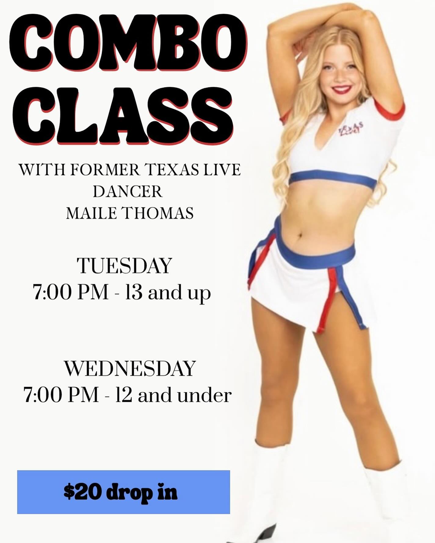 Come take class this week with Maile Thomas!
She was captain of the Byron Nelson Drill Team, is a former TWU dancer and Texas Live Lonestar, and a certified Zumba instructor!
See you there ⚡️❤️
