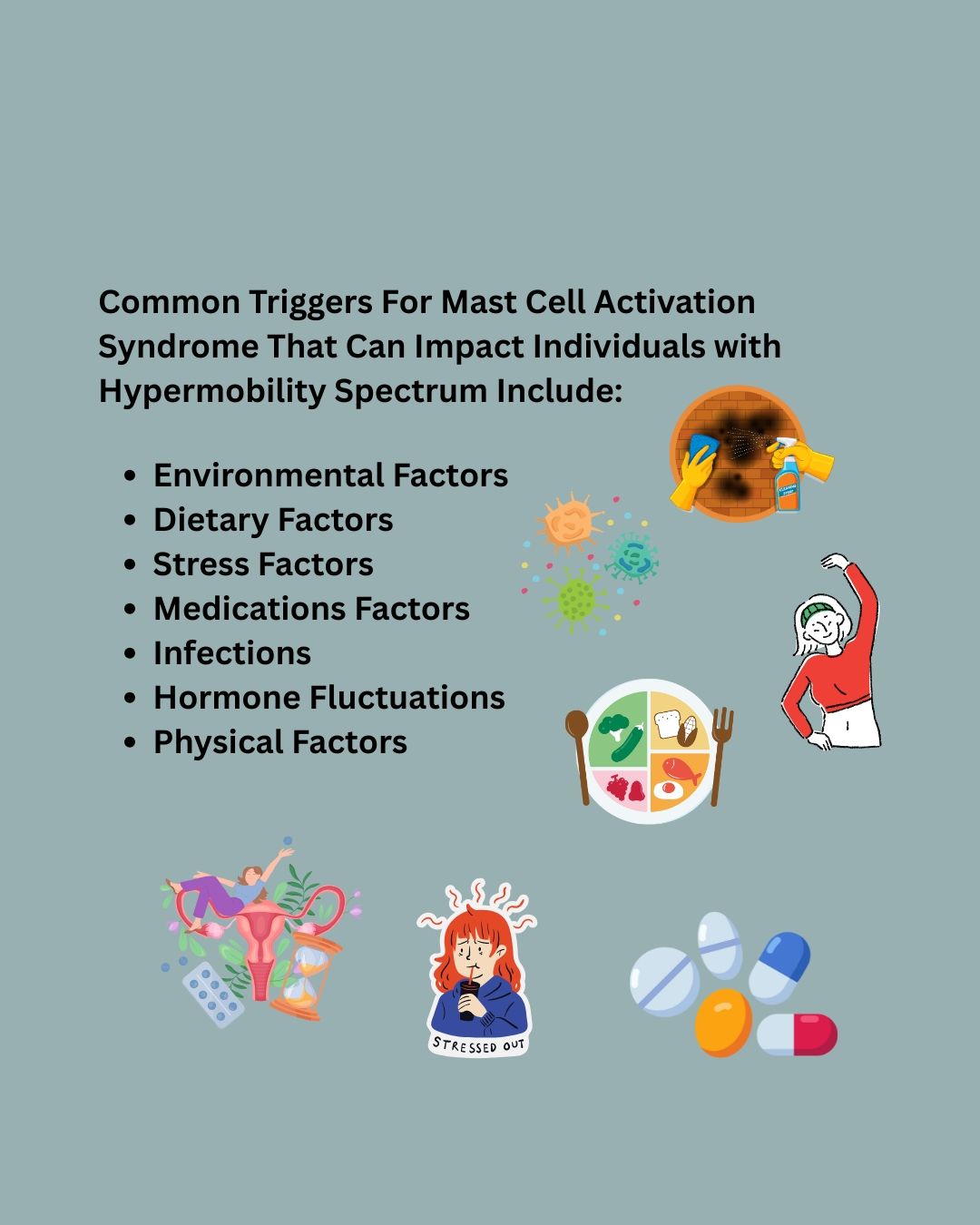 Triggers for Mast Cell Activation Syndrome (MCAS) can include Environmental Factors:
Sudden temperature changes
Strong odors, chemicals, and pollutants
Mold exposure
Skin friction, pressure, or vibration
Electromagnetic frequencies
Heavy metals
Sunlight
Dietary Factors:
High-histamine foods (e.g., aged cheeses, fermented foods)
Foods with salicylates and artificial additives
Foods causing specific intolerances or allergies
Stress:
Emotional stress (anxiety, overwhelm)
Physical stress (fatigue, pain)
Environmental stressors (weather changes, pollution)
Medications:
Antibiotics (e.g., Vancomycin)
NSAIDs, opioids, neuromuscular blockers, local anesthetics, and contrast dyes
Infections:
Viral, bacterial, fungal, or parasitic infections
Mold toxin-related infections
Hormonal Fluctuations:
Estrogen changes during the menstrual cycle and menopause
Physical Factors:
Exercise (may require low-impact options)
Insect stings (e.g., from wasps, bees)
Triggers can vary widely among individuals and may change over time. Identifying them often requires tracking symptoms and working with healthcare professionals. Avoiding triggers and using appropriate treatments can help manage symptoms and improve quality of life.