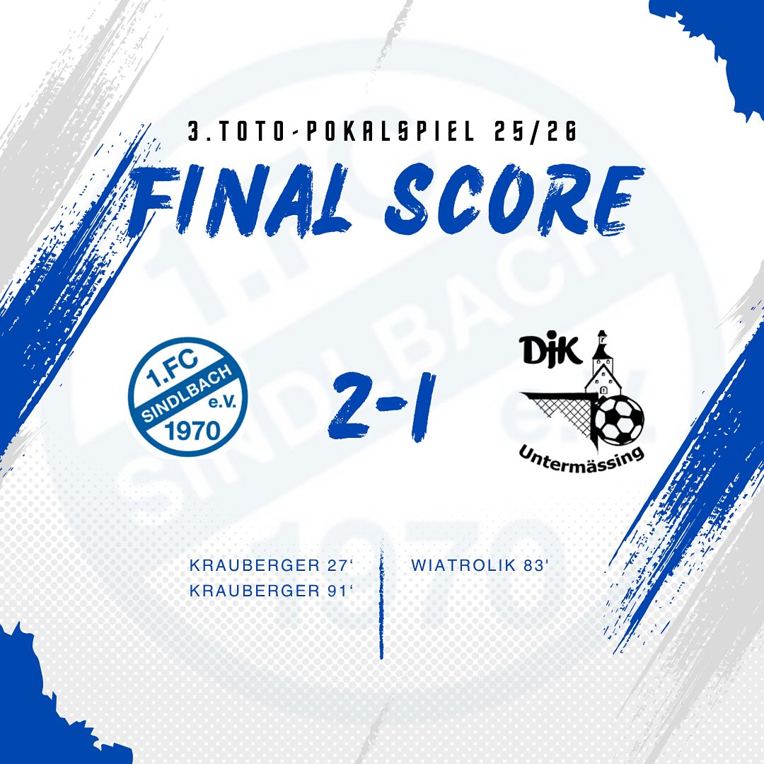 3. Toto-Pokalspiel Fc Sindlbach 2:1 Djk Untermässing
Tore:
⚽️ 27' Krauberger 🅰️ David Klemm
⚽️ 91' Krauberger
