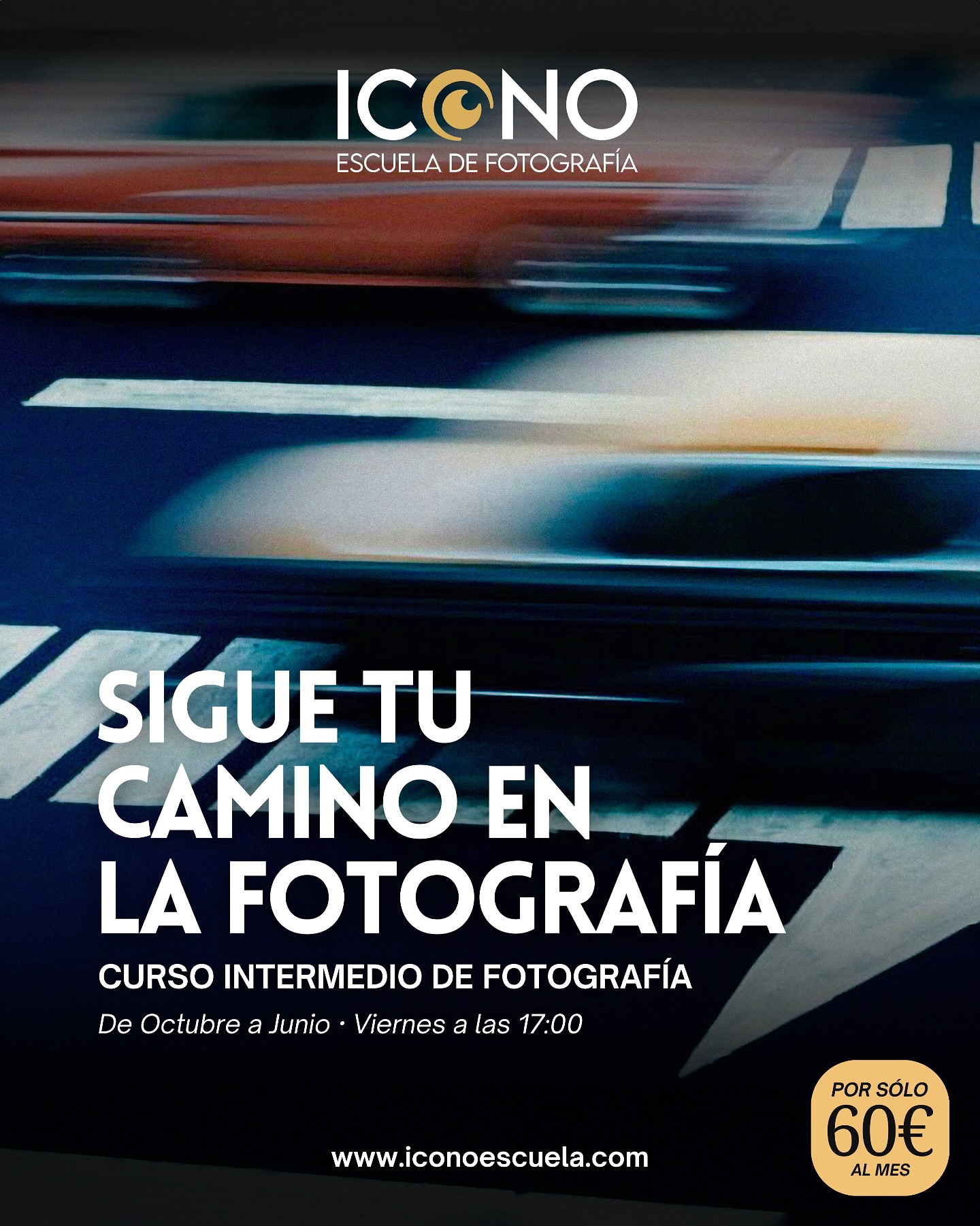 Curso Intermedio de Fotografía
¿Quieres dar un paso más en tu formación y empezar a desarrollar un lenguaje fotográfico más personal?
Este curso es para ti.
🎯 ¿Qué aprenderás?
– A consolidar y perfeccionar los conocimientos técnicos del nivel inicial
– A comprender la evolución artística de la fotografía a través de sus movimientos clave
– A conocer grandes autores y obras fundamentales de la historia de la fotografía
– A desarrollar tu propio proyecto fotográfico con una mirada más sólida y auténtica
– A avanzar en composición, técnicas más complejas, iluminación y narrativa visual
💻 Y además…
– A mejorar tu flujo de trabajo con programas de revelado, edición y retoque digital
– A explorar distintos géneros fotográficos con mayor profundidad
– A ganar autonomía y confianza en la construcción de tus imágenes
🧪 Metodología práctica y completa
– Clases teóricas + prácticas presenciales
– Análisis crítico de imágenes
– Ejercicios de edición y revelado digital
– Tutorías individuales para resolver dudas y recibir orientación personalizada
– Exposición fin de curso
📆 Duración: octubre – junio (9 meses)
💰 Precio:
– 60 €/mes un curso
– 90 €/mes dos cursos
Sin matrícula
🎓 Requisitos:
– Cámara réflex o sin espejo
– Conocimientos básicos de fotografía
👥 Y además…
– Acceso a nuestra comunidad ICONO
– Actividades gratuitas y contenidos exclusivos
– Clases grabadas disponibles para siempre
– Seguimiento individual con un mentor
📲 Más información:
📞 +34 679 898 782
🌐 www.iconoescueladefotografia.com