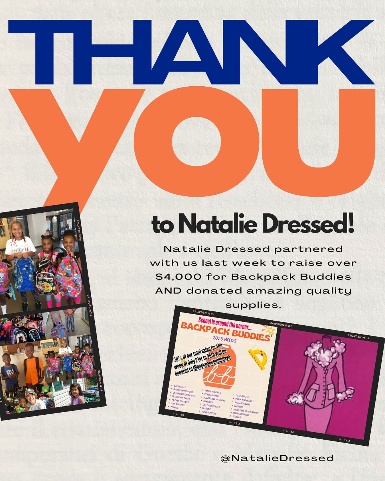 We are so grateful to @nataliedressed for partnering with us and donating over $4,000 and top quality supplies! Thank you so much for your partnership, so many more backpacks can now be filled and given to students in need 🤍🤍
