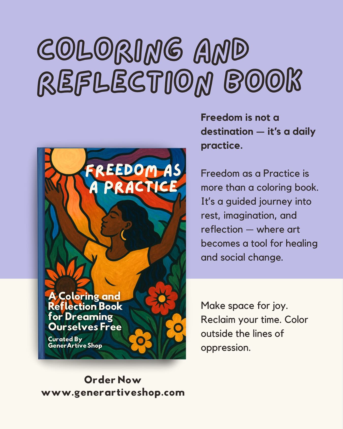 ✨ Soft Launch ✨
I’m so excited to finally share something I’ve been quietly and lovingly creating: Freedom as a Practice: A Coloring & Reflection Book 🎨📖
We’re living through times of deep unraveling — climate collapse, genocide, collective grief, and movement burnout. And yet, people are still showing up with vision, resistance, and radical care.
This book is a creative companion for those doing that work.
For anyone navigating burnout or despair — it’s a space to ground in the enduring wisdom of feminist thinkers, reconnect with your spirit, and find clarity about what’s next.
🌿 40+ pages of nature-inspired illustrations
🖤 Quotes from feminist leaders
🌀 Reflection prompts for rest, imagination, and renewal
Whether you’re a movement builder, caregiver, educator, or simply trying to make it through — this offering is for you.
🛒 Available now in print and digital: www.generartiveshop.com
📣 Want to help spread the word? Share the love with our toolkit: tinyurl.com/FreedomAsPractice
Let’s nurture a culture where rest is sacred, imagination is powerful, and freedom is a daily practice. 🖤
#FreedomAsPractice #FeministArt #HealingJustice #ColoringForLiberation #RestIsResistance #ArtAsCare #GenerArtiveShop