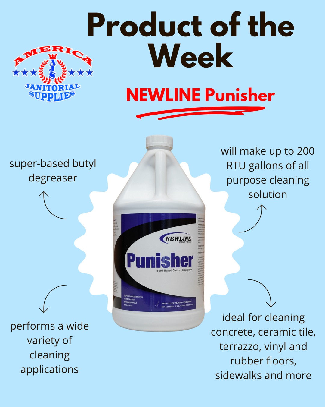 They call it Punisher for a reason—this degreaser doesn’t just clean, it annihilates grime. 💥🧽
Newline Punisher is a super-based butyl degreaser that packs a serious punch. One gallon makes up to 200 RTU gallons of all-purpose cleaning solution—now that’s value. 💪
✅ Ideal for concrete, tile, vinyl, terrazzo & more
✅ Tackles sidewalks, rubber floors, fryers, ovens, & even exterior pressure washing
✅ High-performing with a pH of 12.0+
✅ Dilution varies by job—customize your clean
Stop messing around with weak cleaners. It’s time to bring in the Punisher.
#ProductOfTheWeek #DegreaserPower #JanitorialSupplies #ButylDegreaser #CleaningBeast #GrimeBuster #NewlinePunisher #WeKeepItClean #AJS #CommercialCleaning