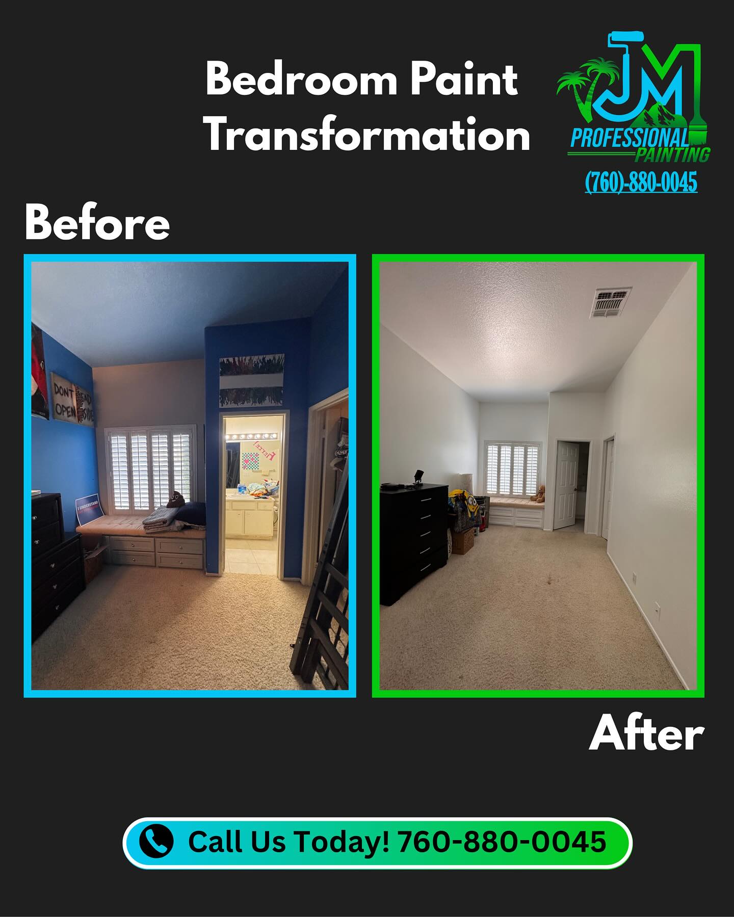 What a difference a fresh coat of paint can make! This bedroom went from dark and heavy to bright and inviting with a clean white finish. JM Professional Painting brings new life to every space—one wall at a time. Ready for your own transformation? Let’s get started.
📞760-880-0045
#paintingservices #professionalpainting #palmsprings #cathedralcity #deserthotsprings #coachellavalley