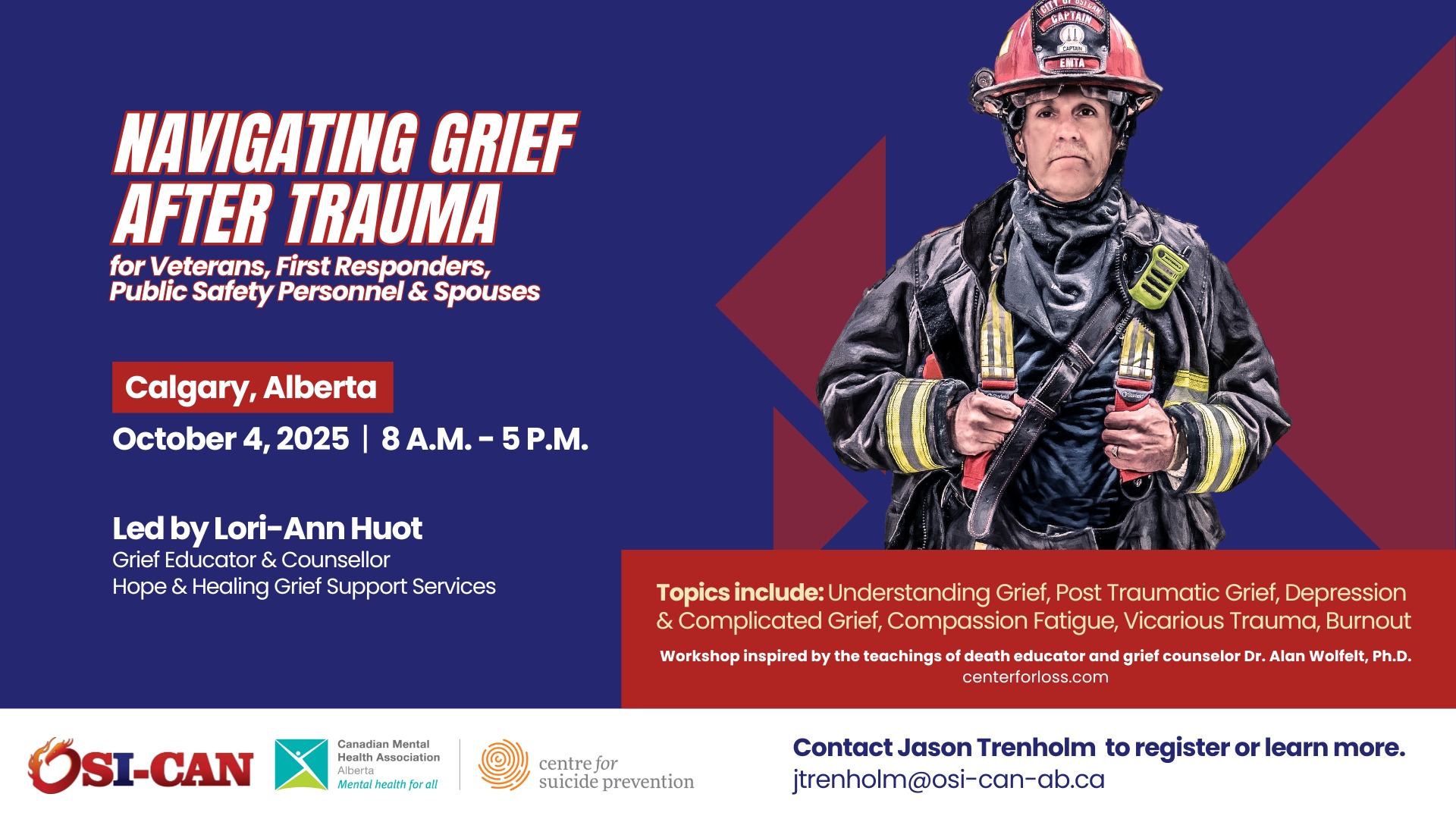 Navigating Grief After Trauma
Presented by OSI-CAN Alberta
Grief after trauma is complex — and you're not alone in it. Our new course is designed to support those who have experienced Operational Stress Injuries (OSIs) and are navigating the emotional aftermath of loss.
What to Expect:
✔️ Peer-led support
✔️ Tools for processing grief
✔️ Safe, understanding space
✔️ Connection with others who truly get it
Open to military, veterans, first responders, and public safety personnel across Alberta.
Visit us at: https://www.osicanab.ca/events-workshops to register or learn more.
Let’s walk this path together. Healing starts with connection. 💙
#OSICANAlberta #GriefSupport #TraumaRecovery #PeerSupport #MentalHealthMatters #FirstResponders #VeteransSupport #Posttraumaticgrowth