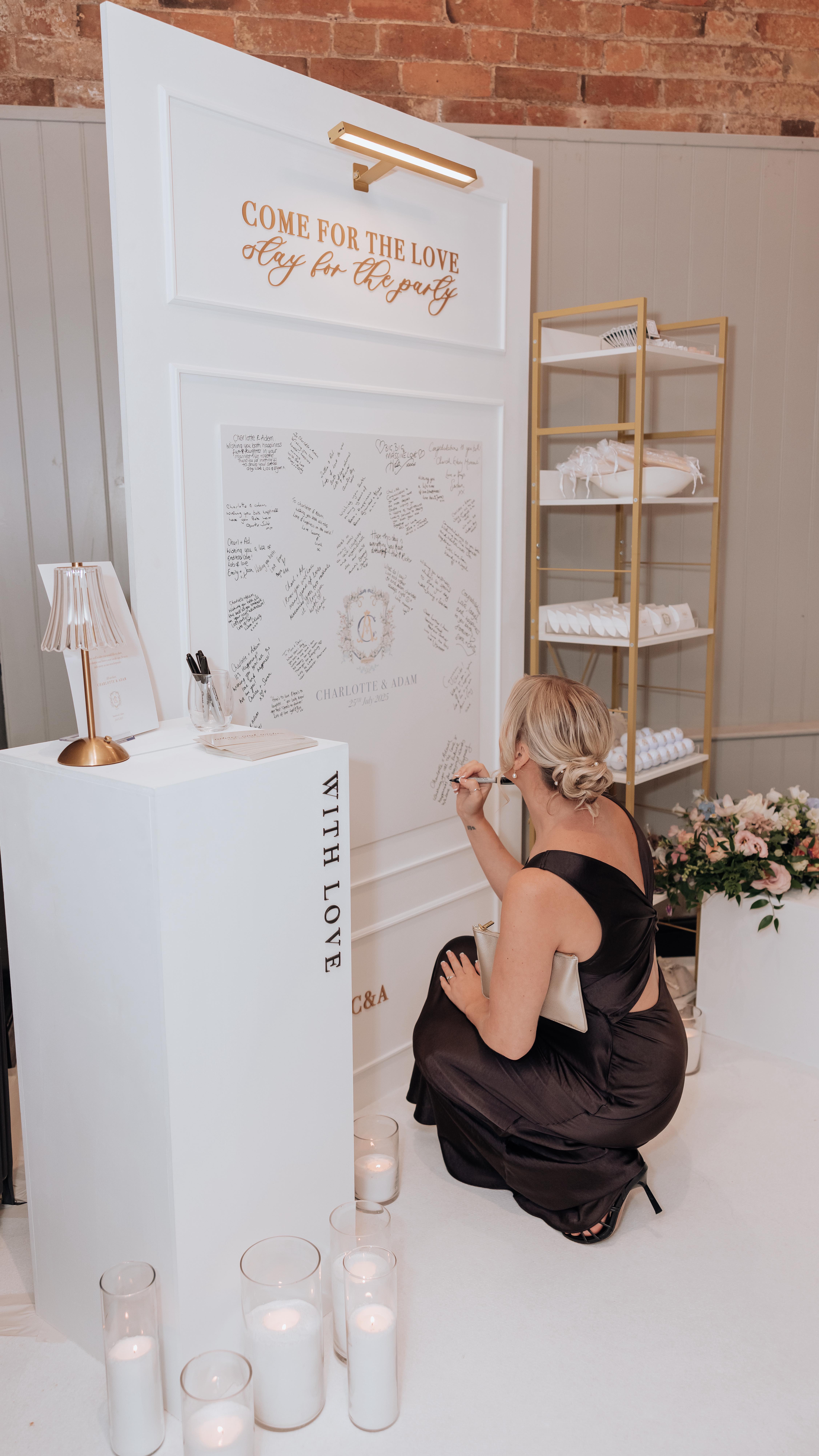 A refined take on the traditional wedding guestbook ✨
This elegant wedding stand was designed not only to offer bespoke personalised keepsakes for guests to take home, but to also create a heartfelt moment during the day itself.
Guests were invited to leave their cards in the custom card plinth ‘With Love’ and then share their well wishes directly onto the removable, personalised board — a modern guestbook the couple can take away and treasure for years to come.
Proof that considered styling can be both meaningful and memorable.
-
Planner- @georgina.rose.events /@g.r.e.weddings
Venue- @stanbrookabbey.hotel
Photographer @laurenameliaphoto
Video- @Mattjonesfilms
Bar- @just.a.bartneder
Content- @Mbweddings_events
Florist & Styling- @etiquetteeventhire
Stationery- @km_stationeryanddesign
Hair- Fran @thehairstylist_francesca
Make up- Ali @prettyplease_bridal
Cake- @perfectcakesco
Band- @thefunctionband
Choir - @westendgospel
Singer- @bethhumphreyssinger
Violinist-Francesca Solo Violinist from wedding violinist UK
Production- @Platinumaceevents
Magic- @Darrencampbellmagic
Stretch tent-@assemble_stretch_tents
Hire- @houseoffurncollection
Chairs- @dress_it_yourself
Disco head dancers- @angelictalent_
Oysters- @oysterboyevents
Fireworks-@matthewsbrosfireworks
#LuxuryWeddingDesign #GuestbookAlternative #WeddingStyling #WeddingInspo #OnTheDayDetails #ModernGuestbook #WeddingKeepsake #weddingsign #weddingsignage
