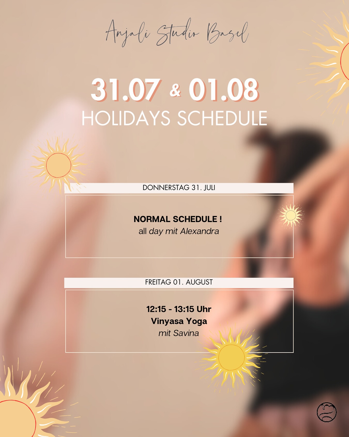 Join us for practice on July 31st & August 1st! 🌟
The Anjali Studio doors remain open with beautiful sessions waiting for you.
Come reconnect with your practice and find your center during these summer days. ☀️
Whether you’re looking to restore, energize, or simply breathe with intention, we’re here to support your journey.
Let’s move, breathe, and grow together. 🧘♀️✨
See you on the mat,
The Anjali Team 🙏
.
#yoga #yogabasel #baselyoga #baselyogastudio #basel #baselswitzerland #yogastudio #yogapractice #yogateacher #yogaswitzerland #yogaschweiz