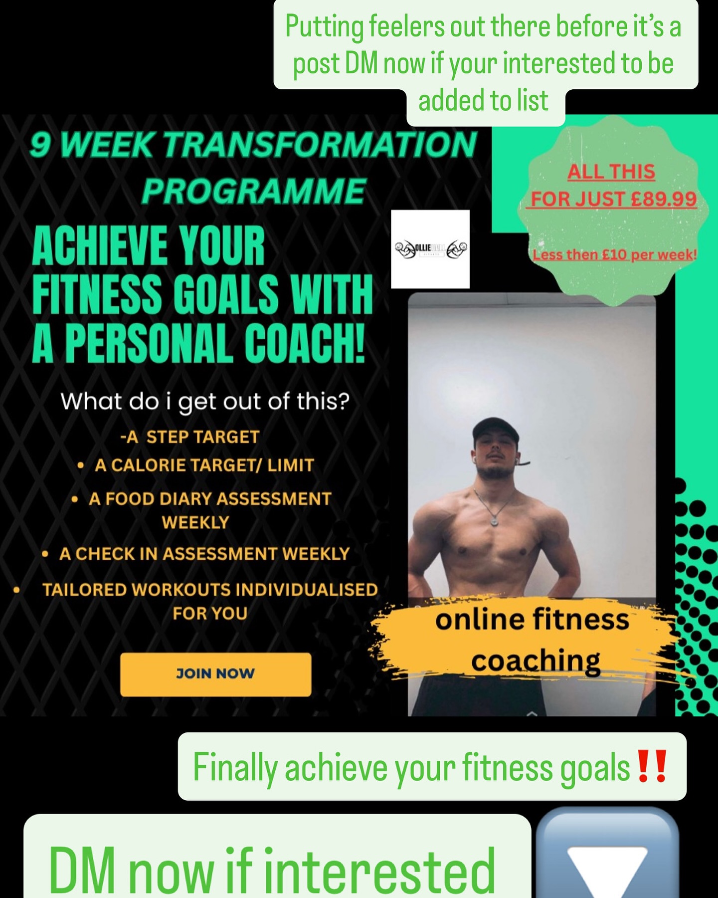 BOOM‼️ And just like that I’ve opened up spaces for my 9 week intensive online coaching courses💪🏼
Are you looking for that extra bit of guidance in your fitness journey? Having a coach to nail all these things for you is going to make you achieve them goals‼️
Are you looking to start your fitness journey but no clue where to start? Having a coach is going to teach you the correct way to start giving you the best opportunities to make as much progress possible‼️
Spaces are limited so get booked in quick one of my PT clients has already taken 1 space before this was even advertised to be quick‼️
Remember this is quite literally less then £10 per week. YOU WILL NOT FIND A BETTER PRICE WITH BETTER COACHING‼️