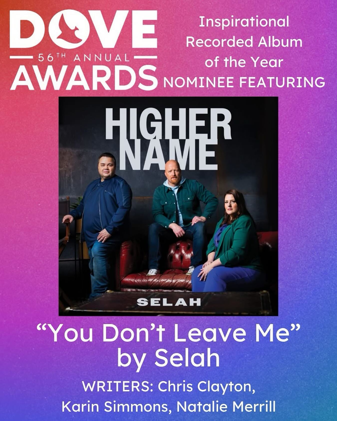 Congrats @selahonline on your @gmadoveawards nomination for Inspirational Album of the Year! Very honored to have this special song on the project - written with @natalielaynemusic and @karinsimmonsmusic. #christianmusic #doveawards2025 #songwriting