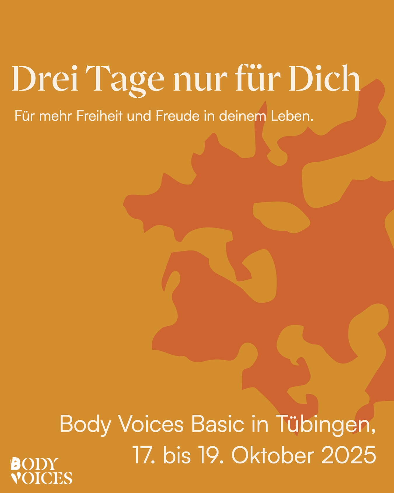 Du möchtest wieder mehr Freiheit und Freude in deinem Leben spüren? Vom 17. bis 19. Oktober 2025 findet der Body Voices Basic Workshop in Tübingen statt. Über die drei Tage verteilt lernst du, was in deinem Gehirn & Körper durch deine Erlebnisse ausgelöst wurde. Wir üben gemeinsam oder einzeln sechs verschiedene Methoden: Meditation, Körpersprache, Tonfeld, Atmen, Singen, Bauchgefühl, TRE (tension and trauma releasing exercises) und SE (somatic experiencing).
Lerne, Dich aus wiederkehrenden Mustern und von negativen Gedanken zu befreien und Dich in deinem Körper wohl zu fühlen. Drei Tage nur für Dich.
Um für alle Teilnehmenden einen sicheren Raum zu schaffen, bieten wir den Body Voices Workshop nur für Frauen an, die von unseren lokalen Partnerorganisationen betreut werden. Wenn du von @wirbelwind.rt , Frauen helfen Frauen e. V. Tübingen oder @feuervogel.zak betreut wirst oder in Vergangenheit betreut wurdest, wende dich bitte an die entsprechende Organisation, um mehr über den Workshop und die Anmeldung zu erfahren. Wir freuen uns schon auf Dich!