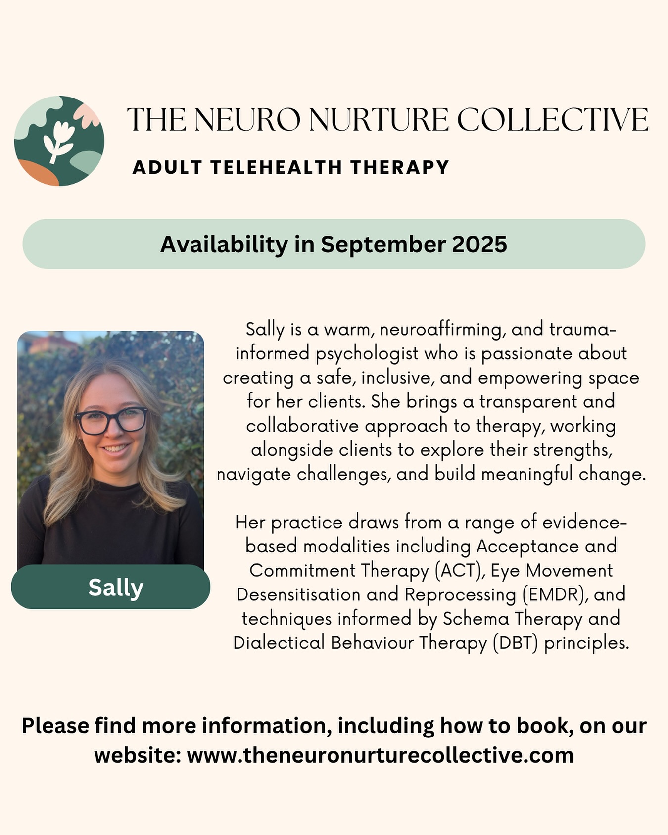 We are so excited to bring the wonderful Sally on board! She will be starting with us in September 2035 and is now currently welcoming bookings through our online portal.
We support adult clients throughout Australia with MHTP and self managed NDIS, with understanding themselves and their identity, stress and burnout, anxiety and depression, self doubt, OCD, parenting (especially in the context of neurodivergent families), and perfectionism. ✨