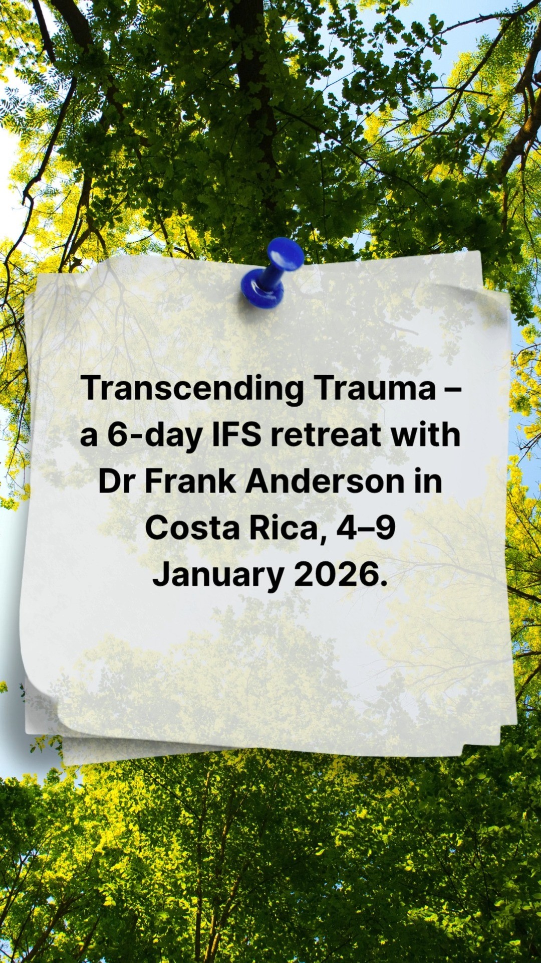 Working with complex trauma doesn’t have to feel overwhelming. Join Dr Frank Anderson in Costa Rica for Transcending Trauma — a 6-day IFS retreat for therapists, 4–9 January 2026. 🌿☀️
Explore how Internal Family Systems (IFS) can help you support clients with complex PTSD while deepening your own healing. 💬🧠
Retreat. Learn. Reconnect. 💫
📍Pura Vida Retreat & Spa, Costa Rica
📅 Applications now open – link in bio!
#FrankAnderson #IFS #IFSretreat #IFSTherapy #InternalFamilySystems #ComplexPTSD #TraumaHealing #TherapistRetreat #IFSWorkshop #MentalHealthRetreat #TraumaTherapist #BrainBasedHealing #PsychotherapyTools #CostaRicaRetreat #IFSwithFrank #PartsWork #TherapistSupport #TraumaInformedCare #HealingJourney #RetreatForTherapists