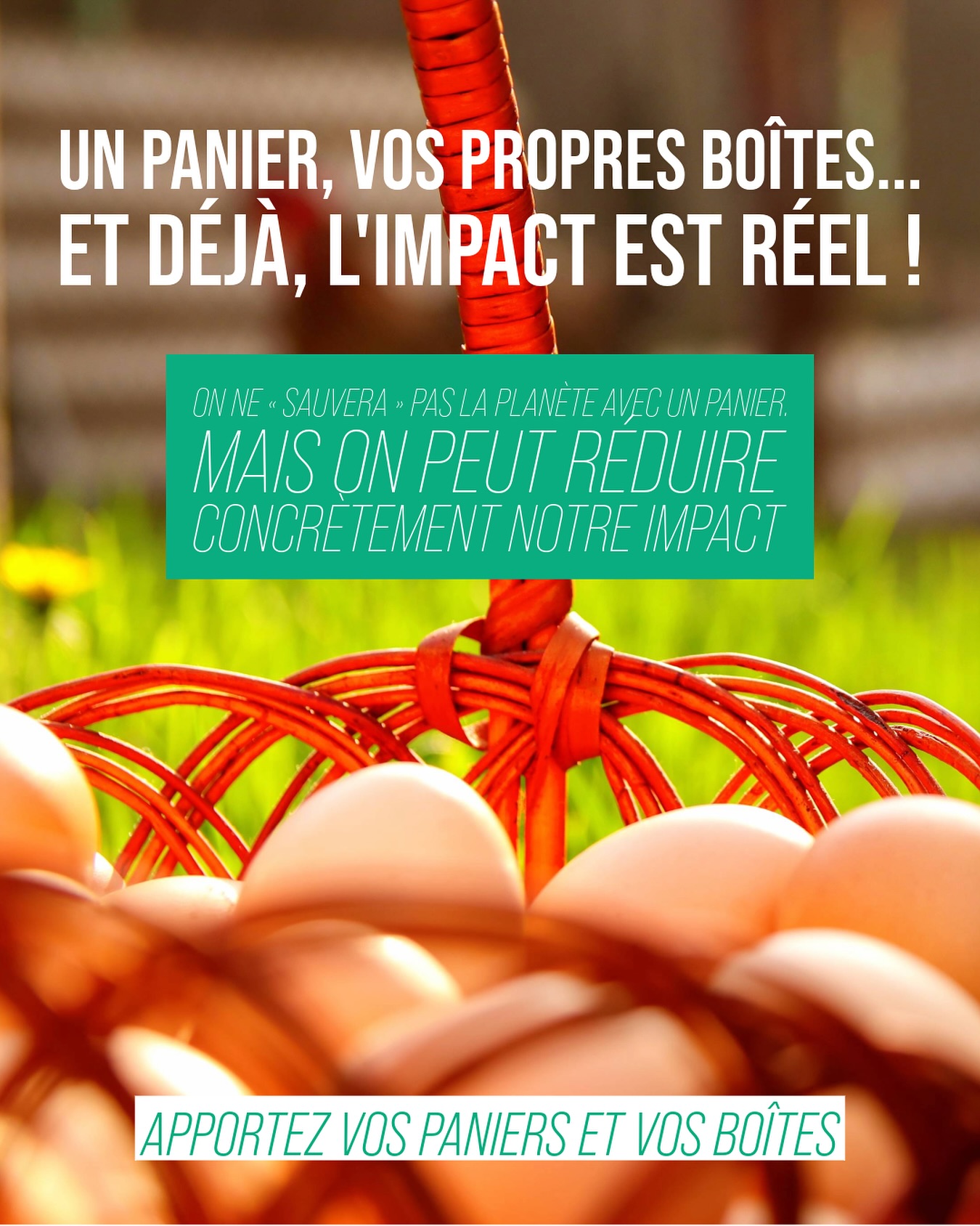 UN PANIER, VOS PROPRES BOÎTES...ET DÉJÀ, L’IMPACT EST RÉEL !
On ne « sauvera » pas la planète avec un panier.
Mais on peut réduire concrètement notre impact.
Découvrez pourquoi chez Les Poules au Vert, vos boîtes réutilisées font la différence.