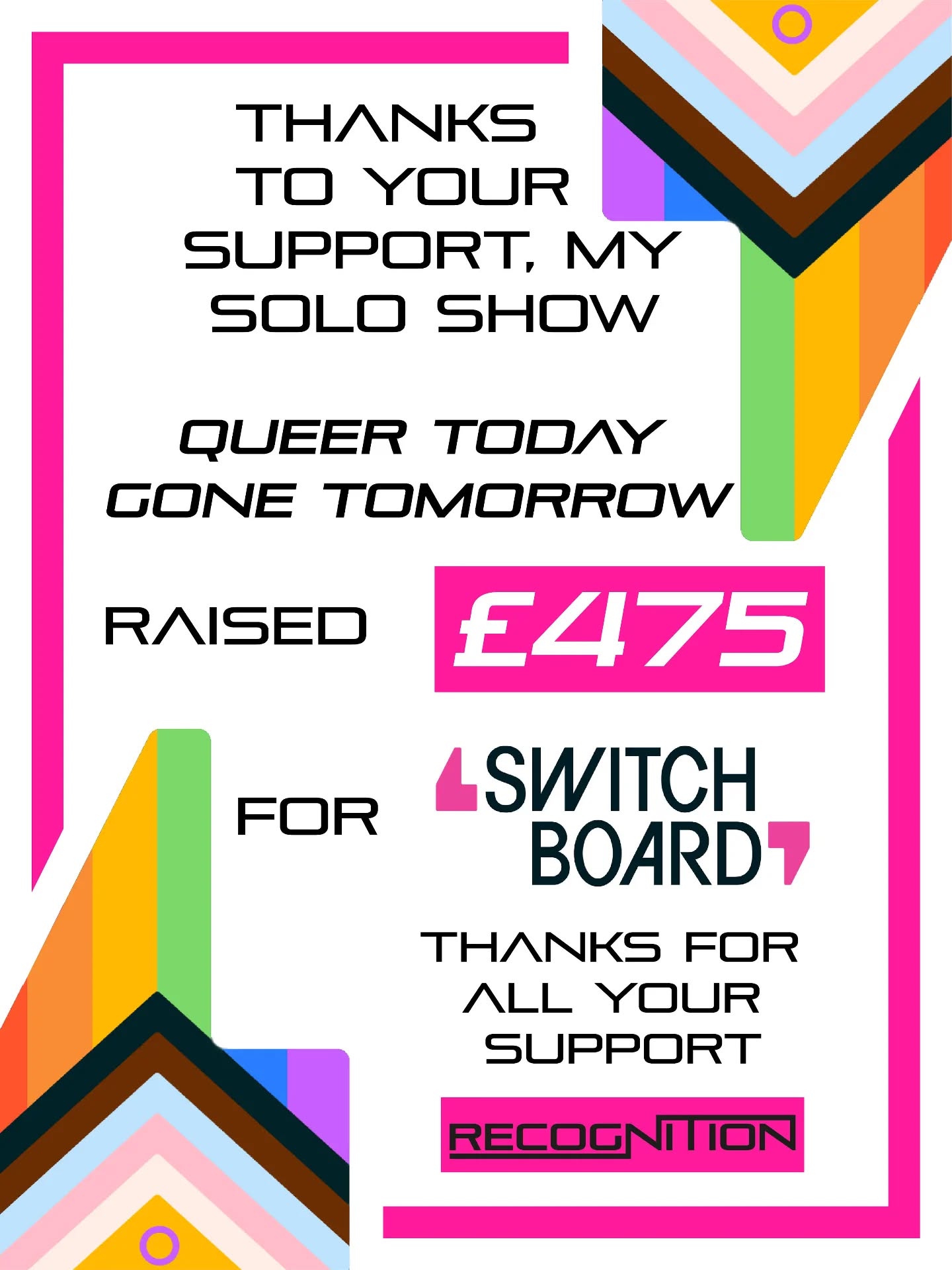 Your purchases from my show have raised £475 for the wonderful @switchboardlgbt , a charity that had a real impact on me personally and will always have a place in my heart. Thank you so much for supporting the LGBTQ+ community 👏😄 ❤️