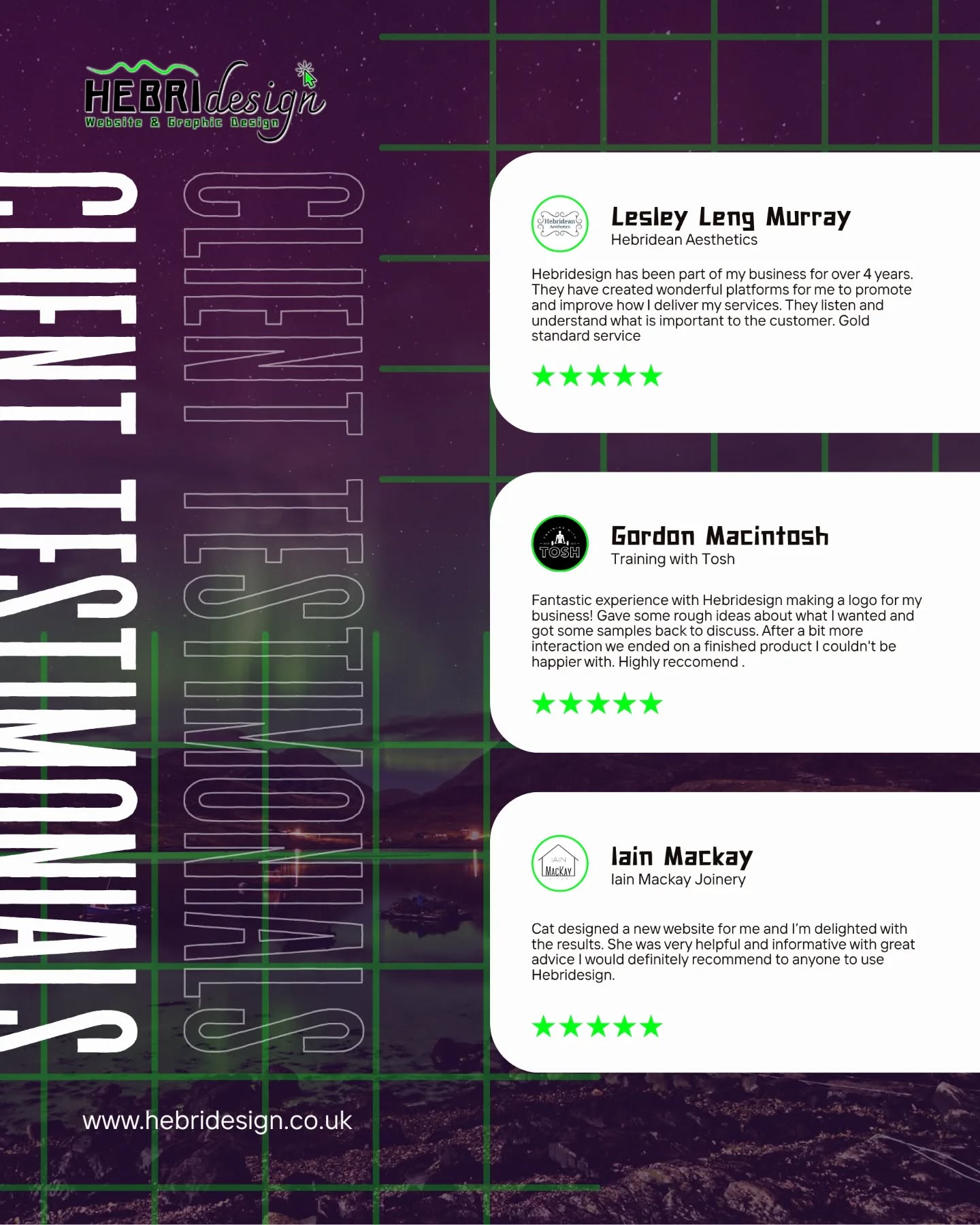 ✨A few kind words from clients I’ve had the pleasure of working with...✨
Designing logos and websites that reflect your vision is something I really enjoy and hearing your positive feedback means a lot 🥲
Thank you for trusting me with your ideas and letting Hebridesign be part of your brand’s journey.