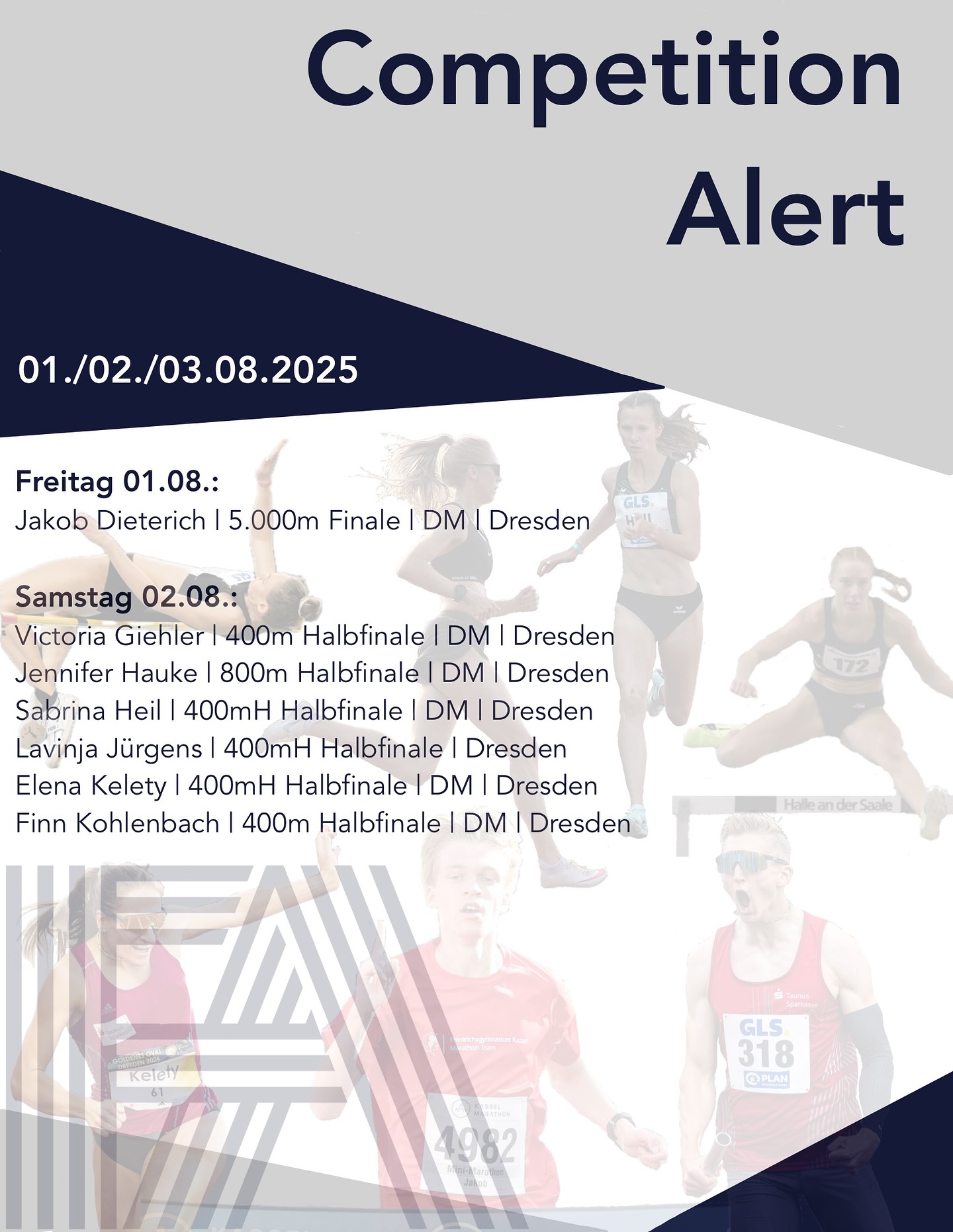 Nationals Weekend! 🇩🇪🥳
.
Und damit dürfen wir euch unsere Starter bei den Deutschen Meisterschaften präsentieren:
.
Bereits heute startet @jakob_dieterich in einem stark besetzten 5.000m Finale 🏃♂️🔥.
Morgen greifen dann 6️⃣ weitere unserer FA-Athleten ins Geschehen ein:
@vicky.ghlr und @finn.koh gehen über 400m auf die Jagd nach Bestzeiten ⚡️💪,
@jenniehauke kämpft über 800m um das Ticket fürs Finale 🎟️💥
und @sabrina.heil , @lavinjajurgens und @elena.kelety lassen zu dritt die Bahn über 400mH brennen 🔥🚧!
.
.
Wir sind gespannt auf tolle Ergebnisse und wünschen viel Erfolg 🍀!
.
.
#frankfurtathletics #fa #germanyathletics #faster #higher #further