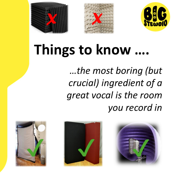 Many people would prefer to record at home than go into a studio. Decent equipment is now within most peoples' budgets and you can record and re-record in a relaxed environment without worrying about studio costs.
However, the major pitfall for recording at home is the room, or space, where you record because there is no substitute for a properly acoustically treated room. Expect to spend as much, if not more, money on acoustic treatment as you will do on the microphone, audio interface and headphones. Whether that be mic shields, heavy blankets, acoustic panels or a combination of all these things then there really isn't any way to get a decent recording without treating the room to remove all of those resonances and acoustic reflections which will ruin anything you record.
Thin foam panels and egg boxes do more harm than good.
#bigstewdio #homerecording #independentartists #musicproduction