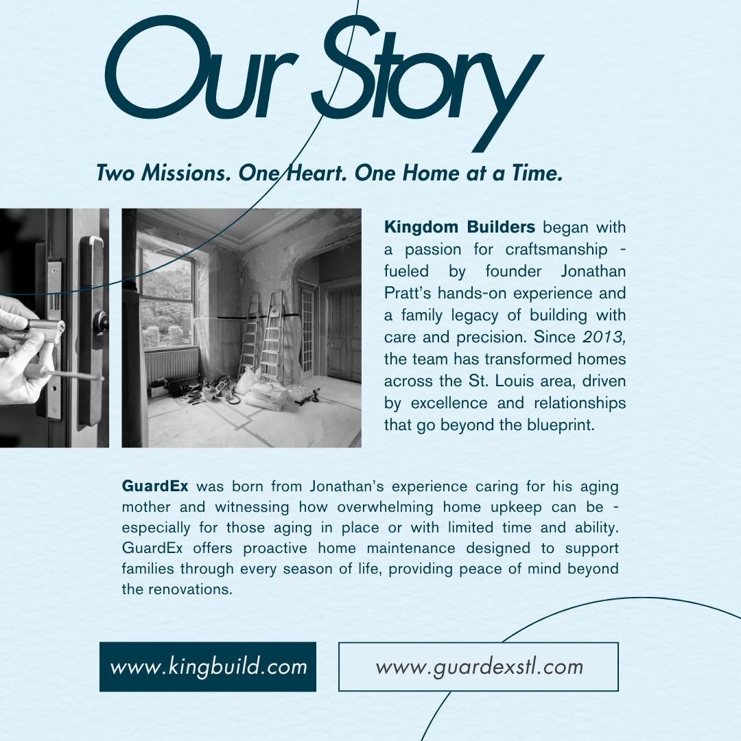 Homes don’t just get built, they live. Kingdom Builders brings the skill and heart to craft spaces worth loving. But life keeps moving, and that’s when GuardEx steps up handling the everyday care so your home keeps pace with you. This isn’t just maintenance. It’s a partnership rooted in real stories, real needs, and real care. Together, we’re here for what comes next. #GuardEx #KingdomBuilders #OurStory