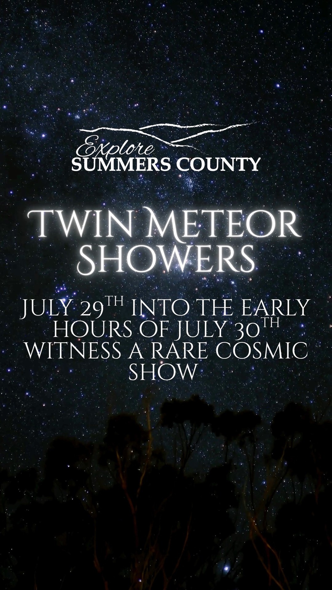 š Catch a Summer Night Sky Show in Summers County! š
On the night of July 29 into the early morning of July 30, the Southern Delta Aquariids and Alpha Capricornids meteor showers will peak together, putting on a dazzling show of up to 25 shooting stars an hour ā including some bright fireballs!
With minimal light pollution, Summers County is one of the best places to watch this cosmic display. The thin crescent moon will set early, leaving dark skies perfect for stargazing.
š Best Viewing: Midnight to dawn (with the radiant highest around 2ā3 a.m.).
š Where to Look: Face south or southāsoutheast.
š Pro Tip: Give your eyes 20 minutes to adjust ā and bring a blanket or chair to relax under the stars.
Donāt miss this rare chance to enjoy two meteor showers at once right here in the peaceful skies of Summers County.
#MeteorShower #SummerNights #SummersCountyWV#ExploreSummersCounty #VisitWV #AlmostHeaven #WildAndWonderful #StarryNightsWV #NatureLovers #BucketListExperience #MagicalMoments #FindYourAdventure #ShootingStars #NightSky #Stargazing #Skywatching #AstroPhotography #CelestialEvent #DarkSky