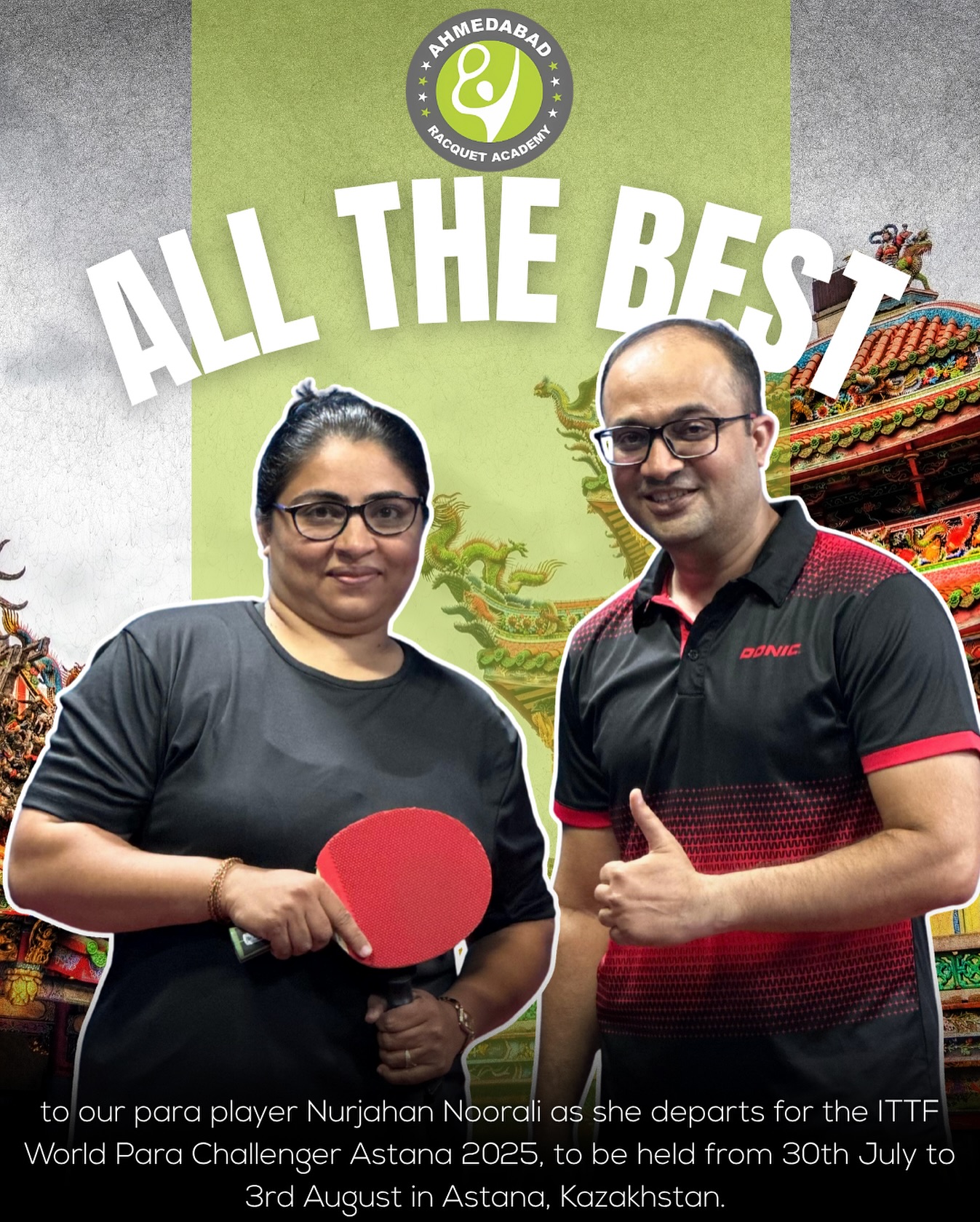 All the best to our Para player Nurjahan Noorali as she heads to Astana, Kazakhstan 🇰🇿 for the ITTF World Para Challenger 2025!
She will be representing us with pride at the tournament from 30 July – 3 August, featuring top para players from across the globe. Let’s cheer her on as she takes on this international challenge! 💪🏽🏓
#ARAParaAthlete #ITTFWorldParaChallenger #ARARepresent #RoadToAstana