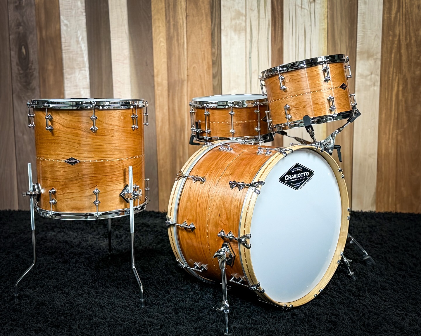 Custom shop Cherry kit with cherry inlay, 45 degree bearing edges and finished in satin oil. Sizes are: 9x13, 16x16, 14x22 and 6.5x14.