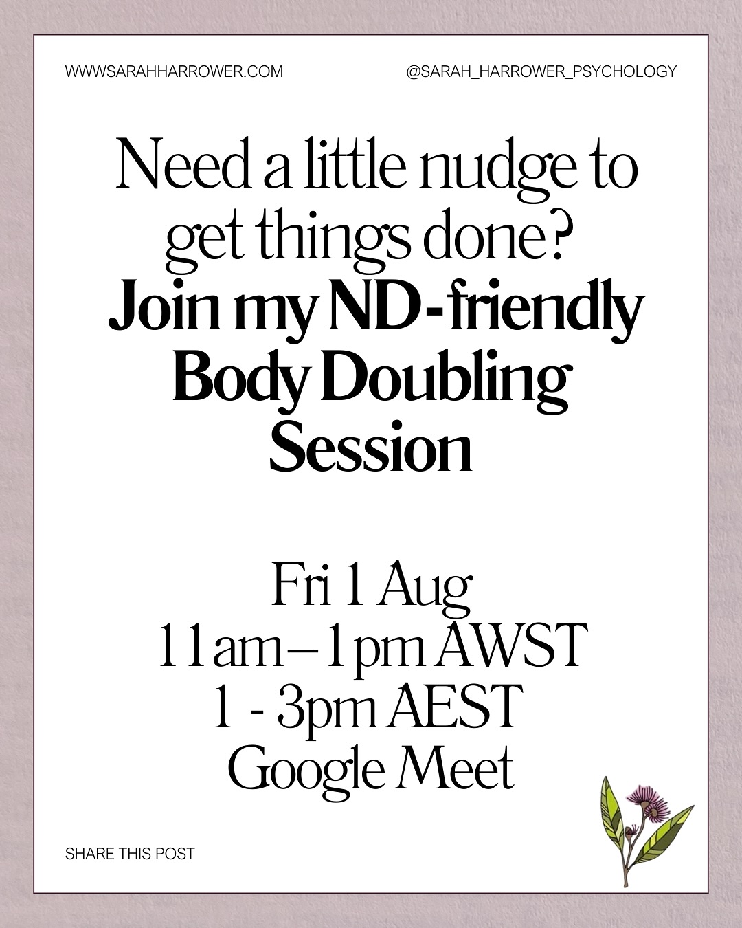 Join me for a laid‑back, neurodivergent‑friendly body doubling session on Google Meet! Cameras on or off, audio for the first 5 mins, then we’ll switch to chat‑only, perfect for tackling both work and life tasks side by side.
Details in the post, book on my website (link in comments)