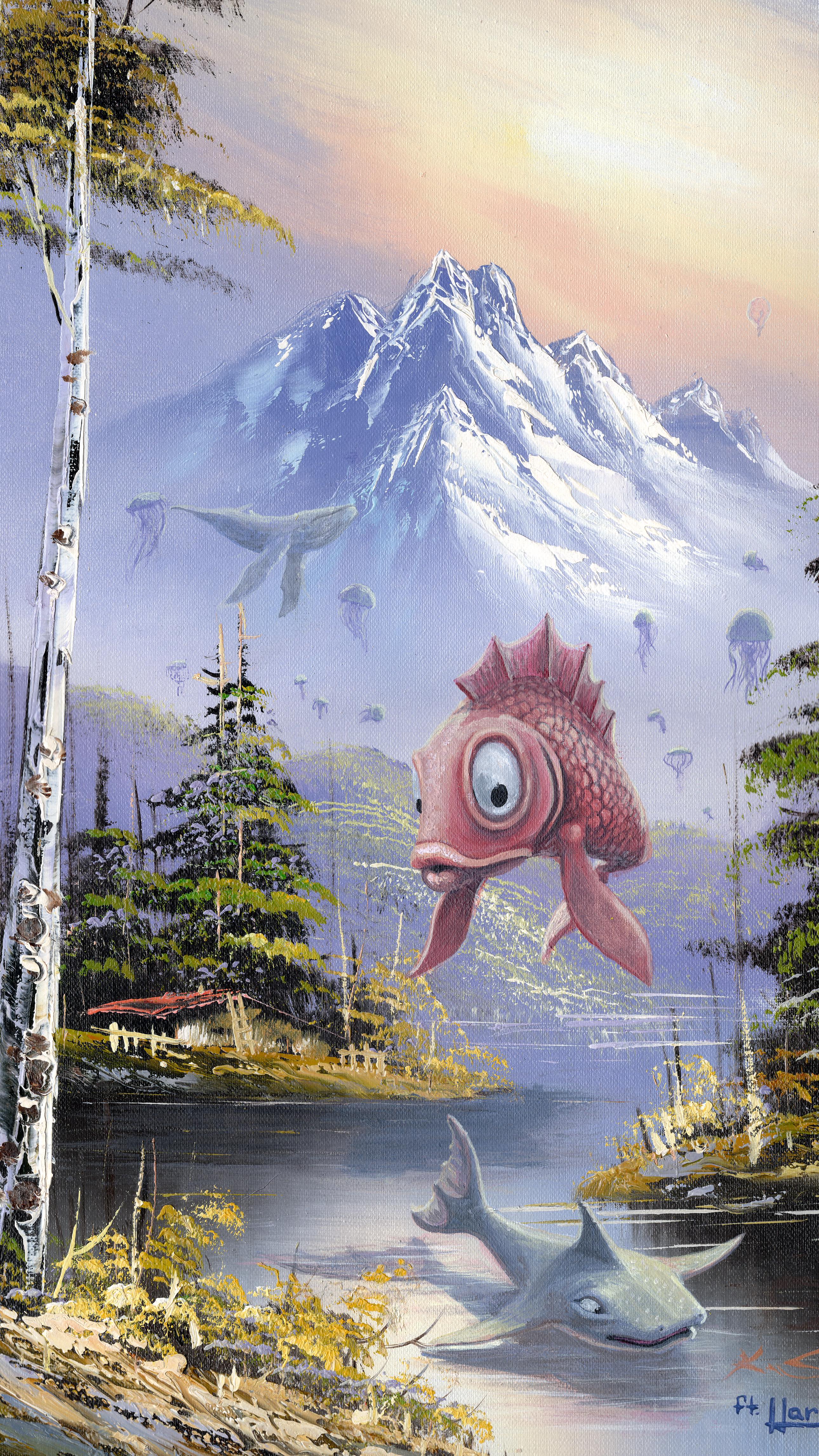 A Little Fishy, 12x16” on canvas. Unofficial collaboration with Sally. This piece was a lot of fun, the colours in the scene were already a little psychedelic and I thought it fitting to have marine creatures in the sky. What do you guys think? I have some limited edition prints and digital prints up for sale now!
•
#fish #surrealism #surreal #upcycle #thrifted #6000paintings #storagelocker #painting #art fineart #yegart #edmontonart #edmontonartist