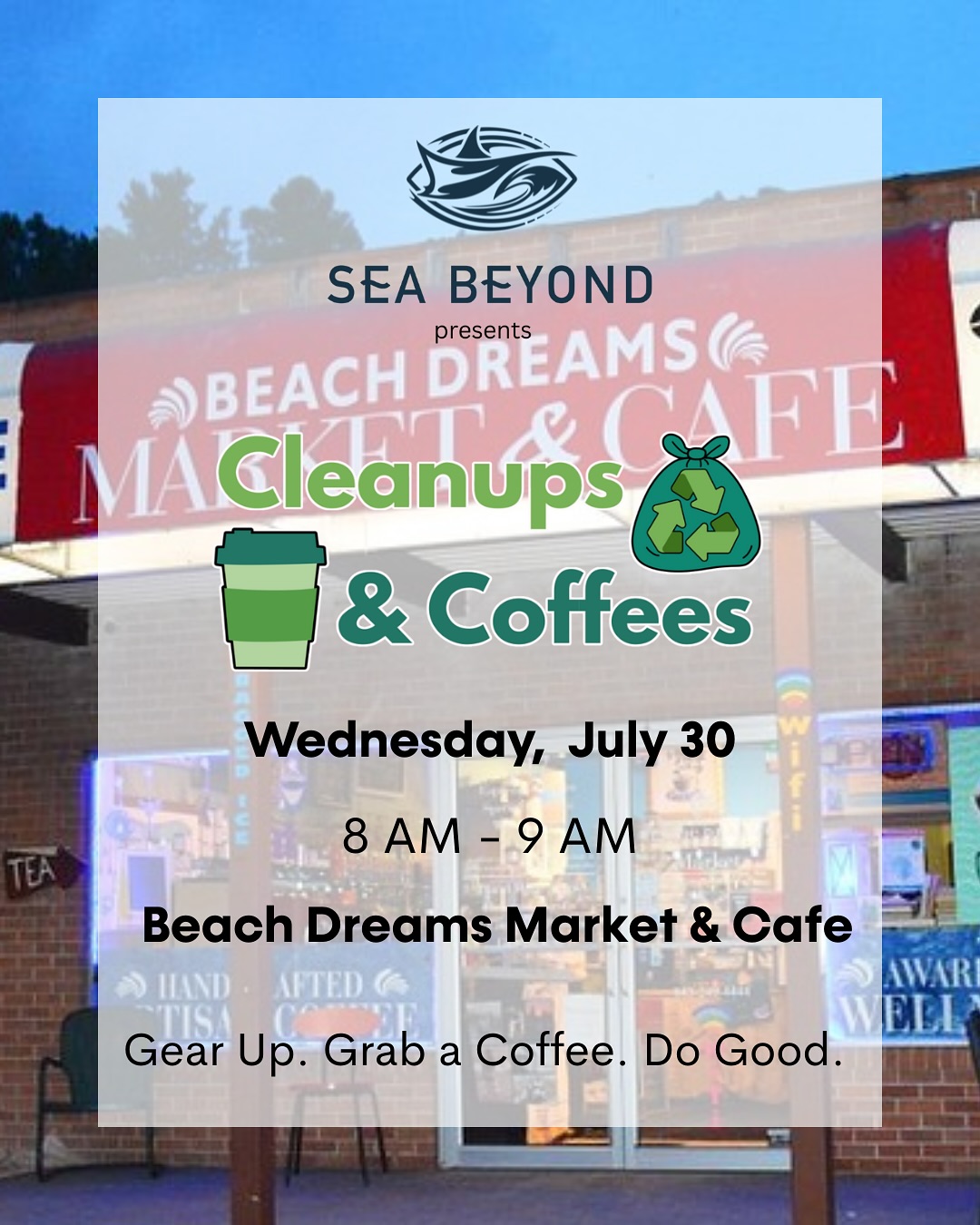 Tomorrow will you be volunteering for #CleanupsAndCoffees? We are distributing cleanup supplies at @beachdreamsmarketnmb
- Pick up your supplies. We’ll provide everything.
- Refuel with a FREE coffee
- Head to the beach and remove any litter you see.
- Bonus: post your litter finds! And don’t forget to tag us @seabeyondfoundation