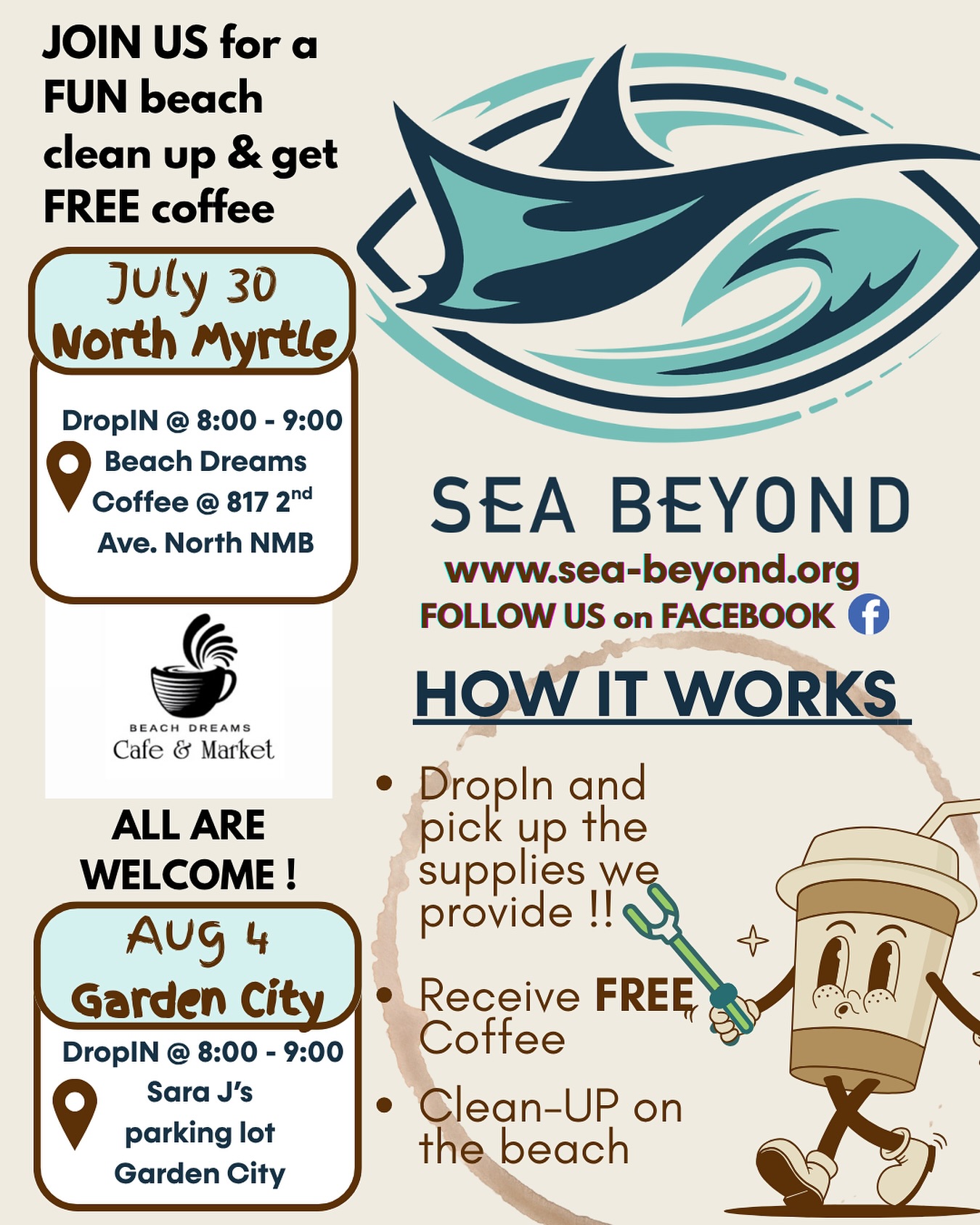 Gear up for the second installment of #CleanupsAndCoffees. Wednesday, July 30th we will be at @beachdreamsmarketnmb. Stop by the @seabeyondfoundation tent to learn about our initiatives and how you can earn your very own free cup of coffee! ☕️ Thanks again Beach Dreams for sponsoring this event, supporting the cause and our dream of a litter free world for everyone.