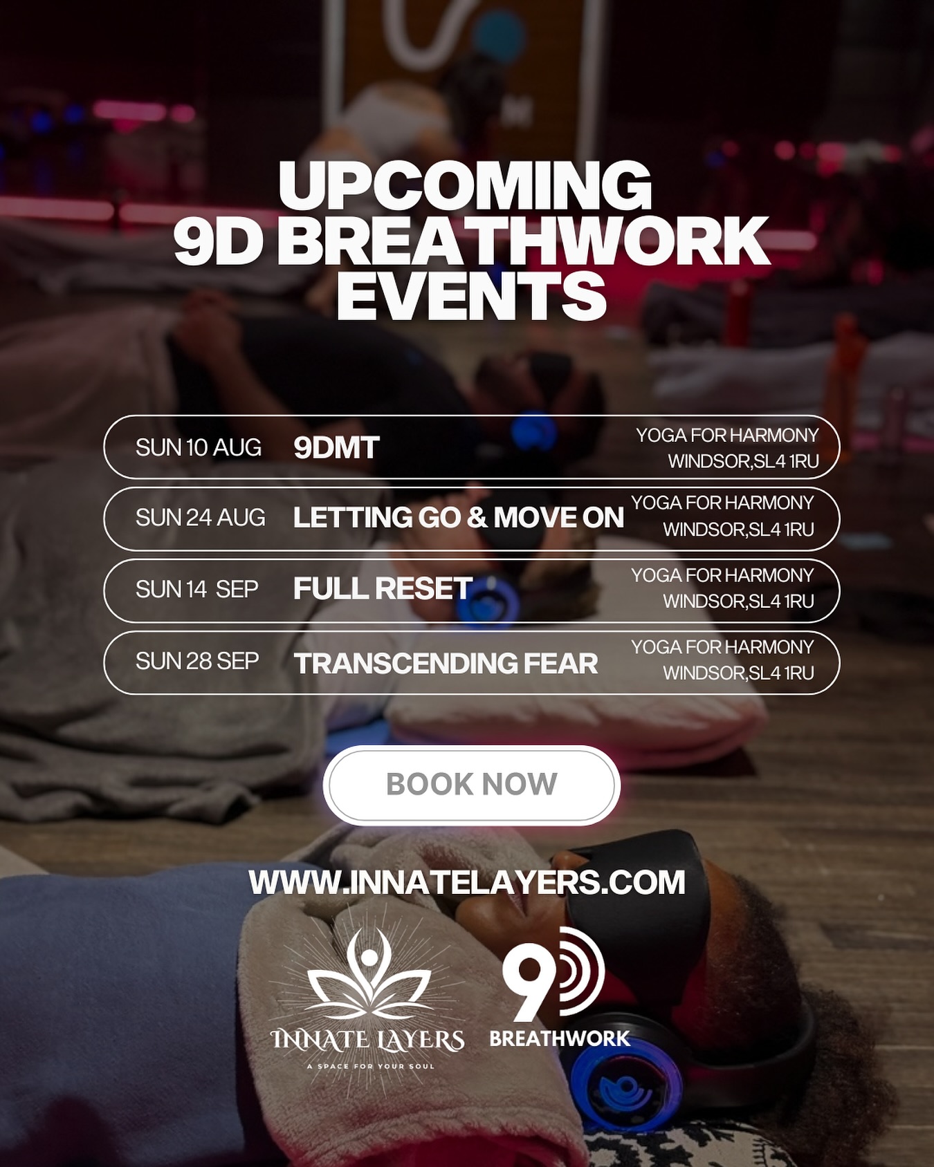 Windsor—Are you ready to breathe differently?
If you’re seeking a deeper connection with yourself, join us for 9D Breathwork—
a powerful combination of breathwork, hypnosis, and a range of healing vibrations, sounds, and frequencies designed to access the subconscious mind, release trapped emotions and trauma, and help rewire the brain for lasting transformation.
Held at the serene Yoga for Harmony (SL4 1RU), these upcoming Sunday sessions are here to support your inner reset and realignment:
🌌 Aug 10 – 9DMT
🌬️ Aug 24 – Letting Go & Move On
🌿 Sept 14 – Full Reset
🔓 Sept 28 – Transcending Fear
Let Windsor be the place where you pause, breathe, and come home to yourself.
✨ All you need is your breath.
📲 Book now at www.innatelayers.com
🔗 Link in bio
#WindsorUK #WindsorEvents #WindsorWellbeing #WindsorYoga #BerkshireWellbeing #BerkshireEvents #YogaForHarmony #SL4Events #WindsorMindfulness #BerkshireYoga #WindsorBreathwork #MindfulWindsor #WindsorHealing #SL4Wellbeing #BerkshireBreathwork #BreathworkUK #WindsorMeditation #WellnessWindsor #BerkshireHealing #WindsorCommunity #HealingJourneyUK #WindsorSelfCare #MindfulnessBerkshire #9DBreathwork #InnateLayers