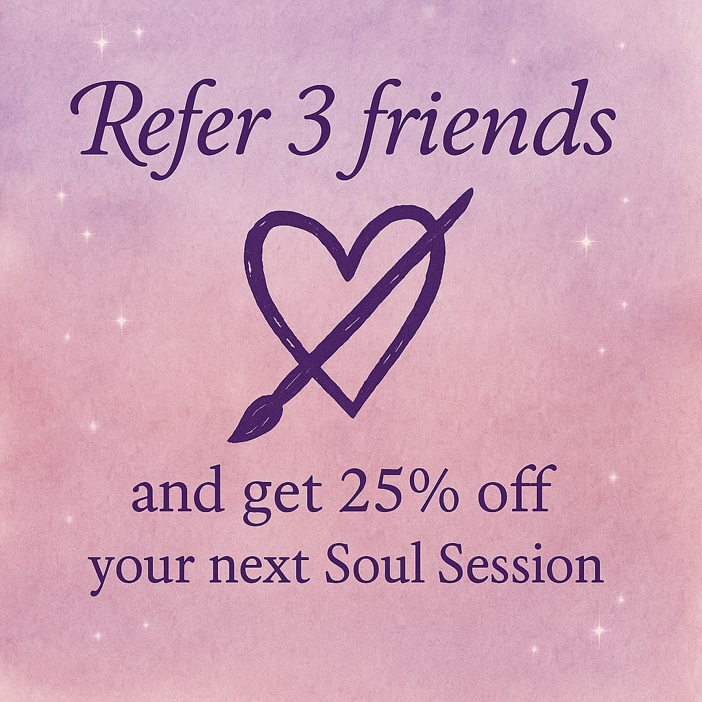 ✨ Share the insight, feel the thank‑you! ✨
When three of your soul‑seeking friends book a Soul Session with me and enter your name at checkout, you’ll unlock 25 % off your own next Soul Session. Let the magic ripple outward!
#tawnyamarieart #SoulSession #energyupdate #referralmagic #sharing #intuition #guidance #soulguidance #guide