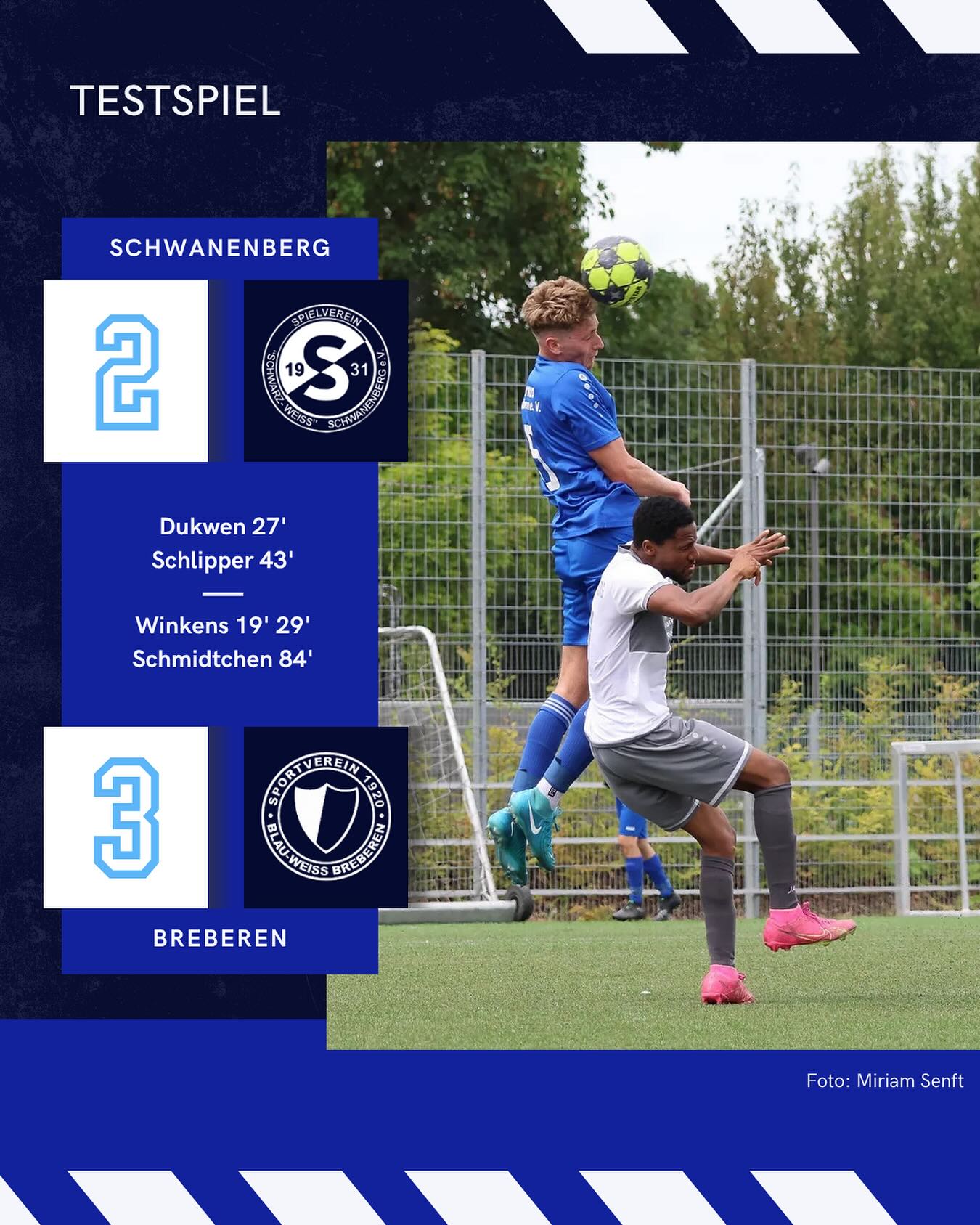 🔵⚪️ Erfolgreicher Testspielauftakt ⚪️🔵
Der SVB ist mit einem Sieg in die Sommervorbereitung gestartet! Im ersten Testspiel setzten sich unsere Blauweißen nach einem intensiven Match mit 3:2 beim @svs1931_official durch.
Von Beginn an zeigte unser Team eine engagierte Leistung. Bereits in der 19. Minute erzielte Maurice Winkens das 0:1. Die Gastgeber glichen zwar in der 27. Minute aus, doch nur zwei Minuten später war Winkens erneut zur Stelle und brachte Breberen wieder in Führung. Kurz vor der Pause kam Schwanenberg jedoch noch einmal zurück und stellte auf 2:2 (43.).
Im zweiten Durchgang wechselten beide Mannschaften viel durch, was dem Spielfluss aber keinen Abbruch tat. In der 84. Minute sorgte Henrik Schmidtchen schließlich mit seinem Treffer für den verdienten 3:2-Endstand.
Ein gelungener Start in die Vorbereitung – mit einer starken Teamleistung und wichtigen Erkenntnissen für die kommenden Wochen. 💪🏻
📸: @miriamsenft