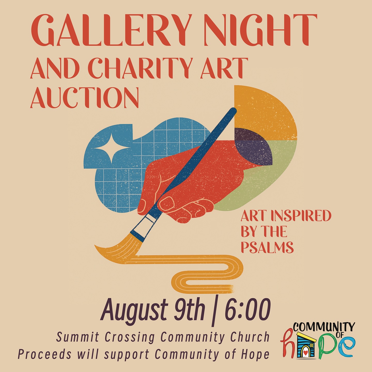 Join us next Saturday, August 9th, for a Gallery Night and Charity Auction benefitting Community of Hope! It will be a night of worship, getting to learn and talk to the artists that participated in this year’s Sumer in the Psalms series, as well as a chance to purchase your favorite works.
@hsvcoh @summitcrossing