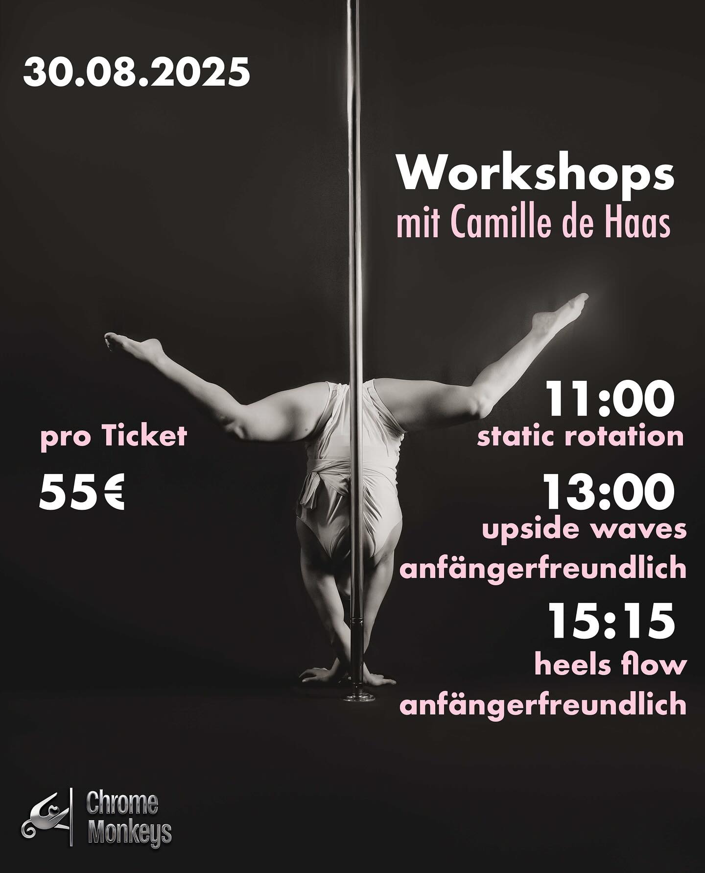 Workshops mit @sirene.des.montagnes 🩵 Each 55€ 11:00-12:30 Static Rotation 💜
In this workshop, after deepening our understanding of the fundamentals of static rotation, we will explore a fluid and creative sequence, adaptable to your level and pace.
How can you generate a rotation around the pole without momentum, with your feet off the ground? We will work on positioning, coordination, and the necessary actions to master a controlled and seamless rotation. You will also learn tips to add your own creative touch to each movement.
13:00-14:30 Upside Waves 🌊
We will begin with a warm-up focused on undulating movements and waves, explored through different body orientations. A targeted physical preparation will help you safely work on balances on your hands, forearms, or head.
Next, we will integrate these practices into a harmonious flow, combining waves and undulations with balances. Let yourself be guided to create a fluid, expressive and unique sequence, where each movement connects naturally and creatively.
15:15-16:45 Heels Flow 🖤
Step into your sensual power und express yourself thruogh movement. In this workshop, we’ll start with a guided warm-u that includes somatic exploration to awaken your senses, connect to your body and ground you in the moment.You’ll get the chance to move freely, explore textures and intention and gently activate your mobility and strength in heels.
Then we’ll dive into a choreography that blends fluid transitions, striking accents and dynamic floorwork. Expect a balance of technique and expression with space to add your own flavour and play with musicality. This class is open to all levels, but some experince in heels is recommended.
Come ready to move, feel and slay! 😍 #chromemonkeys #pole #poledance #polelove #poleworkshop #heelspole #heelswaves #staticrotation #dortmund #workshop #polecommunity #polebeginnerfriendly