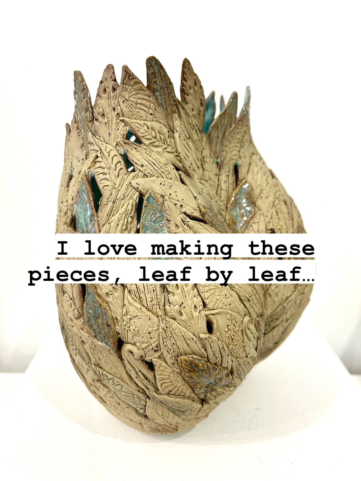 I really enjoy making these pieces, they can’t be made in a rush and they need to be made on their own without other work going on. I need to get lost in the process. They are very delicate, with impressions pushed into every little leaf shape and then I form the peace, leaf by leaf.
#leaf #leafsculpture #femaleform #femaleformart #creative #creator #ceramicform