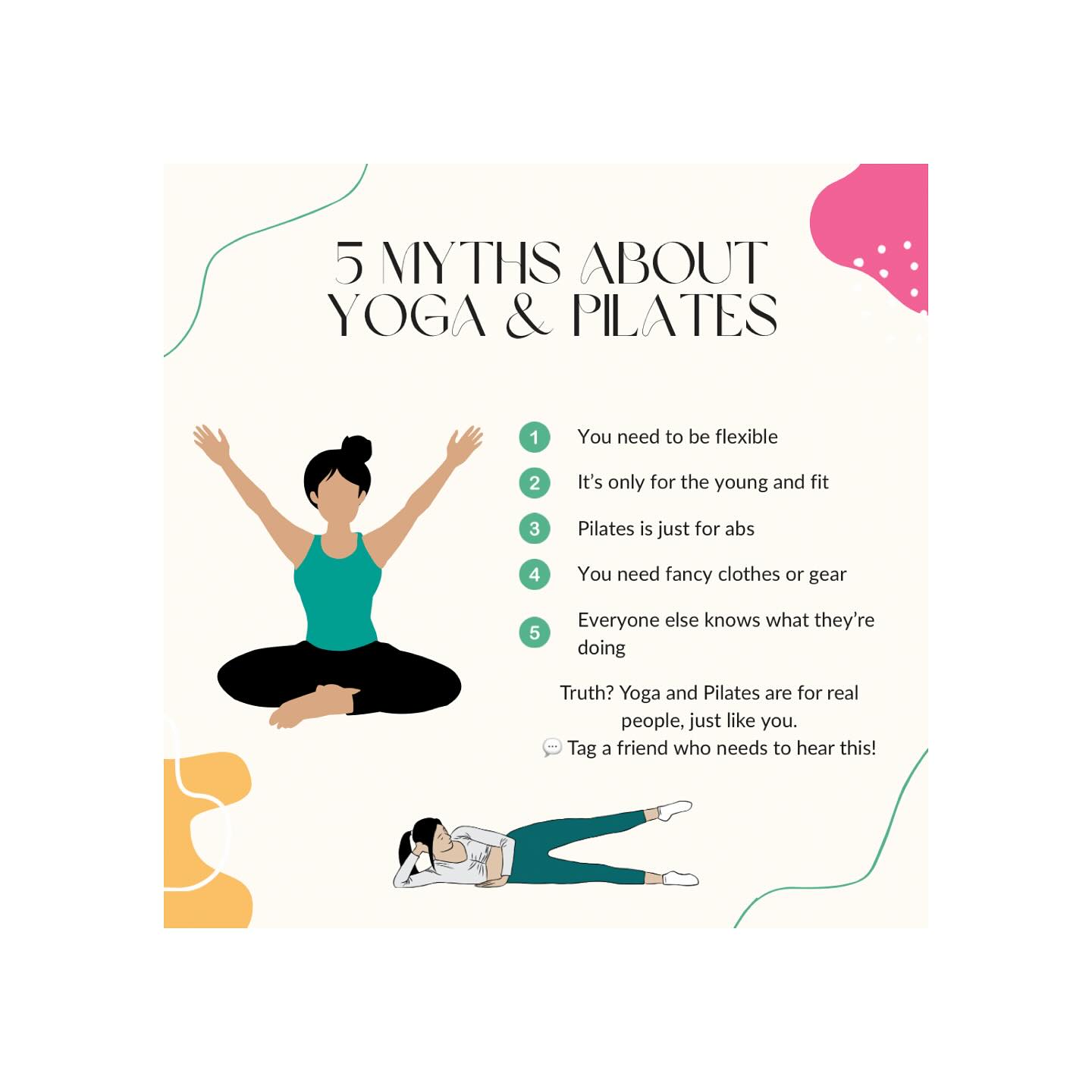 Think you’re not flexible enough for yoga or Pilates? Think again! 🙌
Here are 5 common myths I hear all the time!
🤸♀️You need to be flexible
💪 It’s only for the young and fit
🤦🏻♀️ Pilates is just for abs
🩱 You need fancy clothes or gear
🧠 Everyone else knows what they’re doing
Truth? Yoga and Pilates are for real people, just like you.
Tag a friend who needs to hear this!
#yogaforeveryone #pilatesmyths #mindfulmovement🧘♀️ #inclusivewellness #yogacommunity