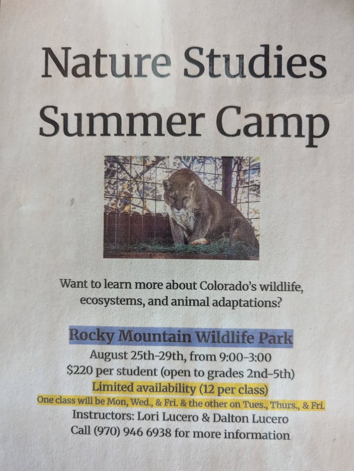 We are putting on our first summer day camp! Come join us in learning about the wonderful native wildlife of Colorado with us. For more information please contact our manager Lori Lucero at the above number. #rmwildlifepark #summercamp
