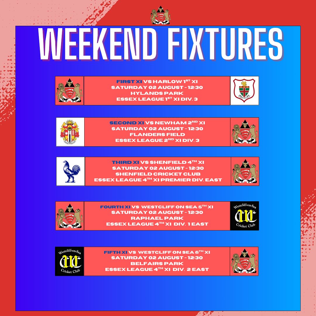Team News
1s Vs @harlow_cricket_club
2s @newhamcc
3s @shenfield_cc
4s and 5s Vs @westcliff_cricket
Sunday XI @belhuscc