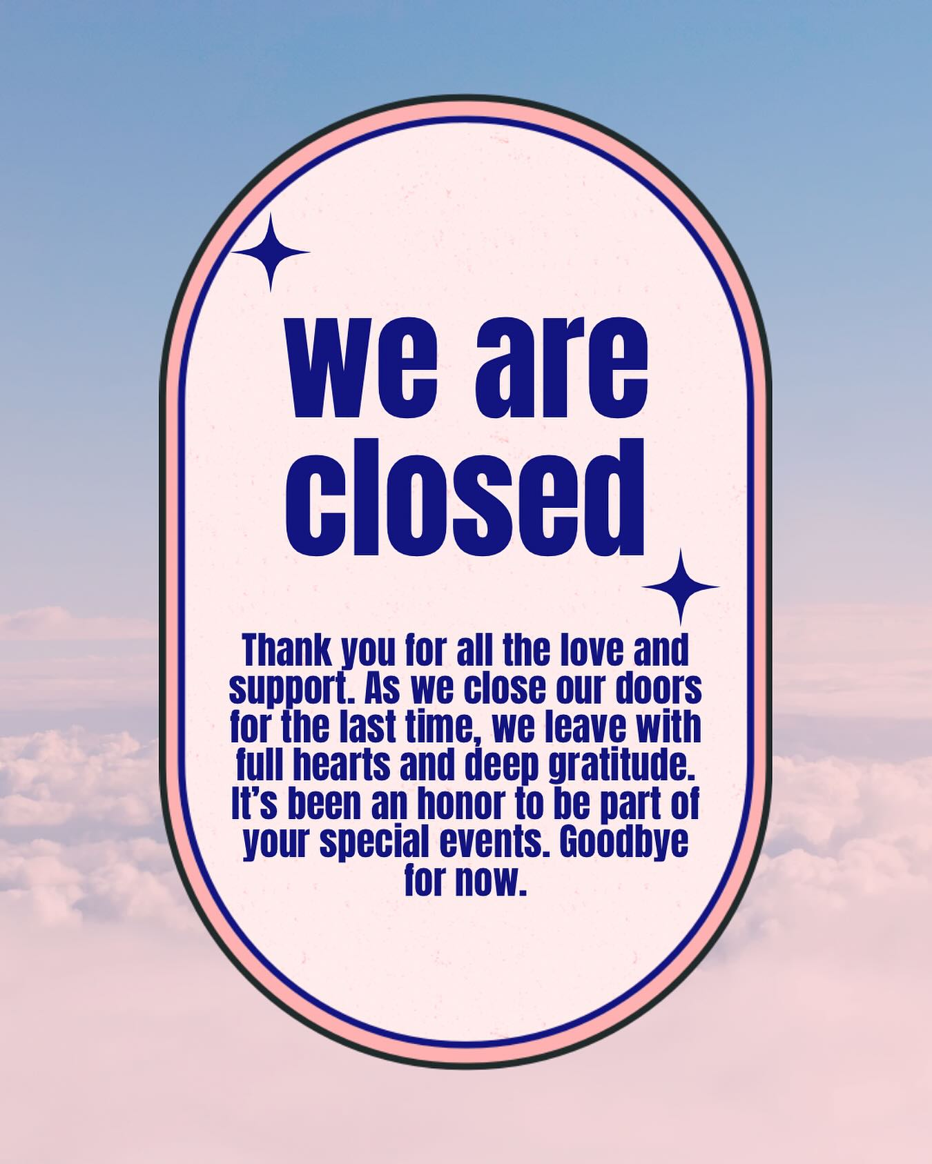 We thank you for all the love and support. As we close our doors for the last time, we leave with full hearts and deep gratitude. It’s been an honor to be part of your community and special events!
A lot of people are asking if we are moving—sadly, we are not. But we highly encourage our community to follow and support our decorators @_lexbakes_ & @sweetbites_es as they continue on making amazingly delicious and beautiful creations!!