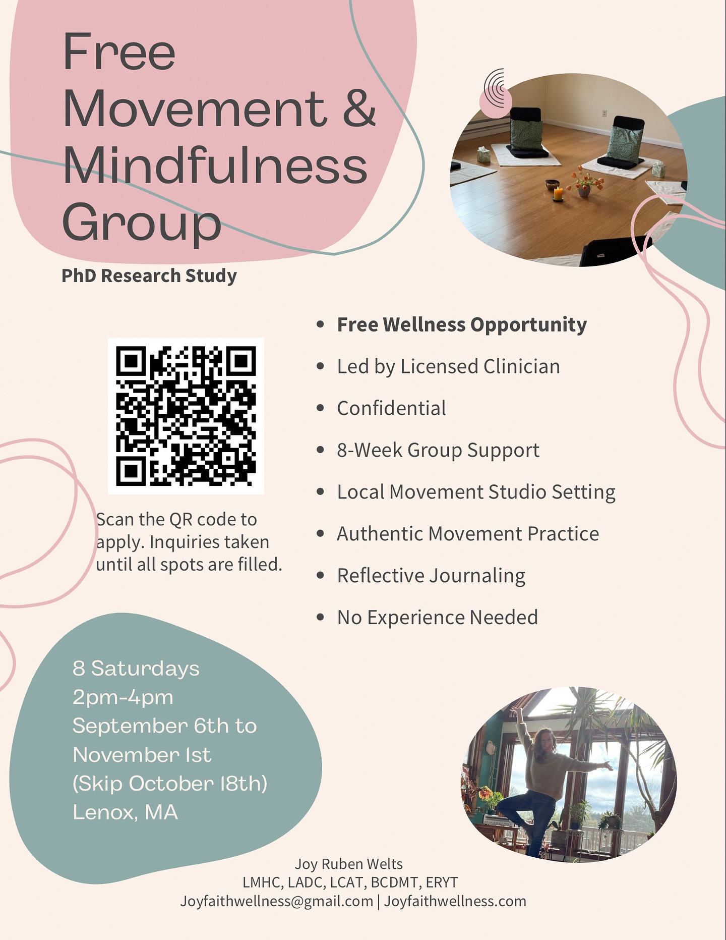 Calling for participants! Join a free movement mindfulness support group while participating in my PhD research study. No experience needed, but must be committed to full attendance. Group meets for 8 Saturdays, in-person, in Lenox, MA. Fill out the form linked in bio (or below) to inquire.
https://www.joyfaithwellness.com/freemindfulnessgroup